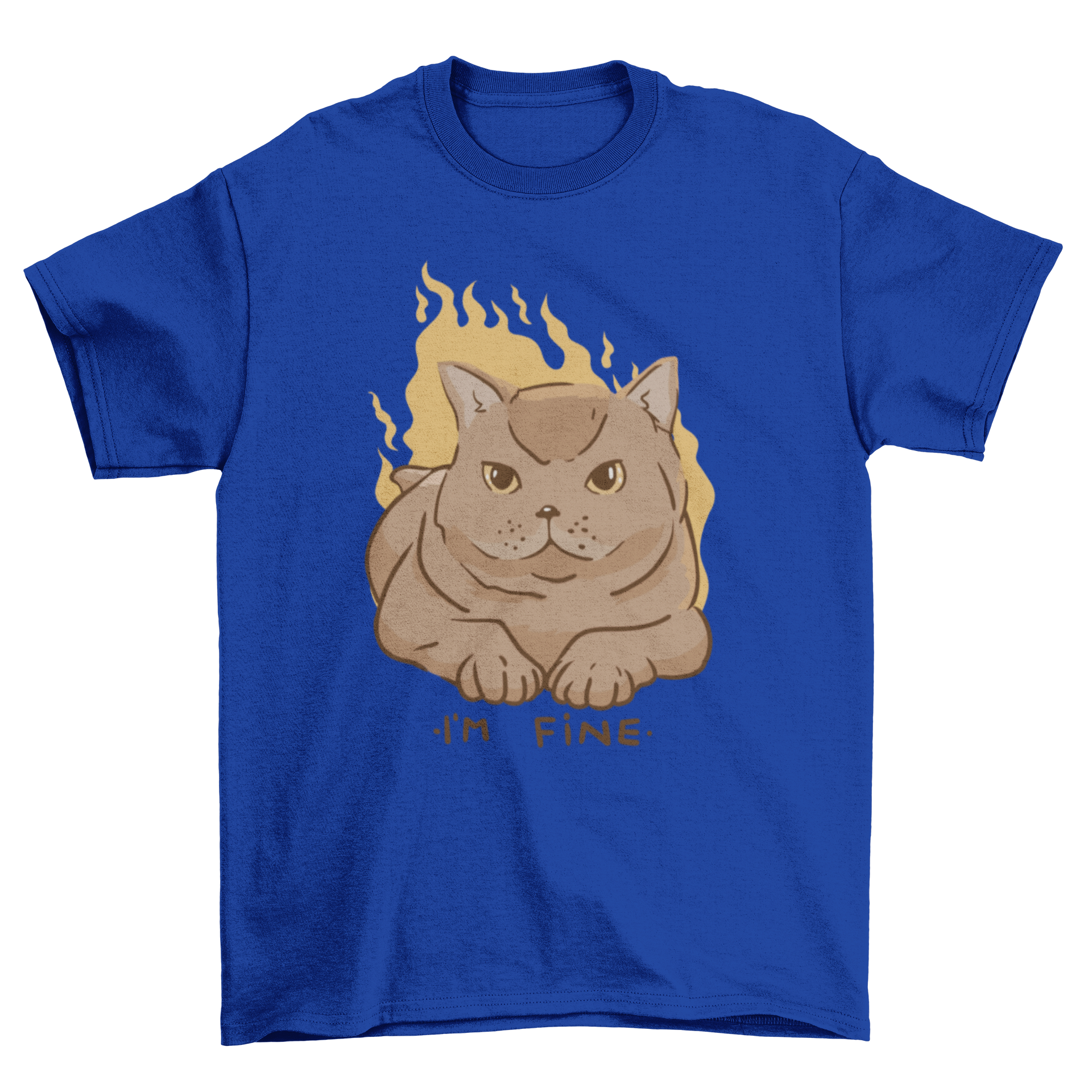 A humorous t-shirt featuring a cat on fire with the quote 'I'm fine', showcasing a unique meme design.