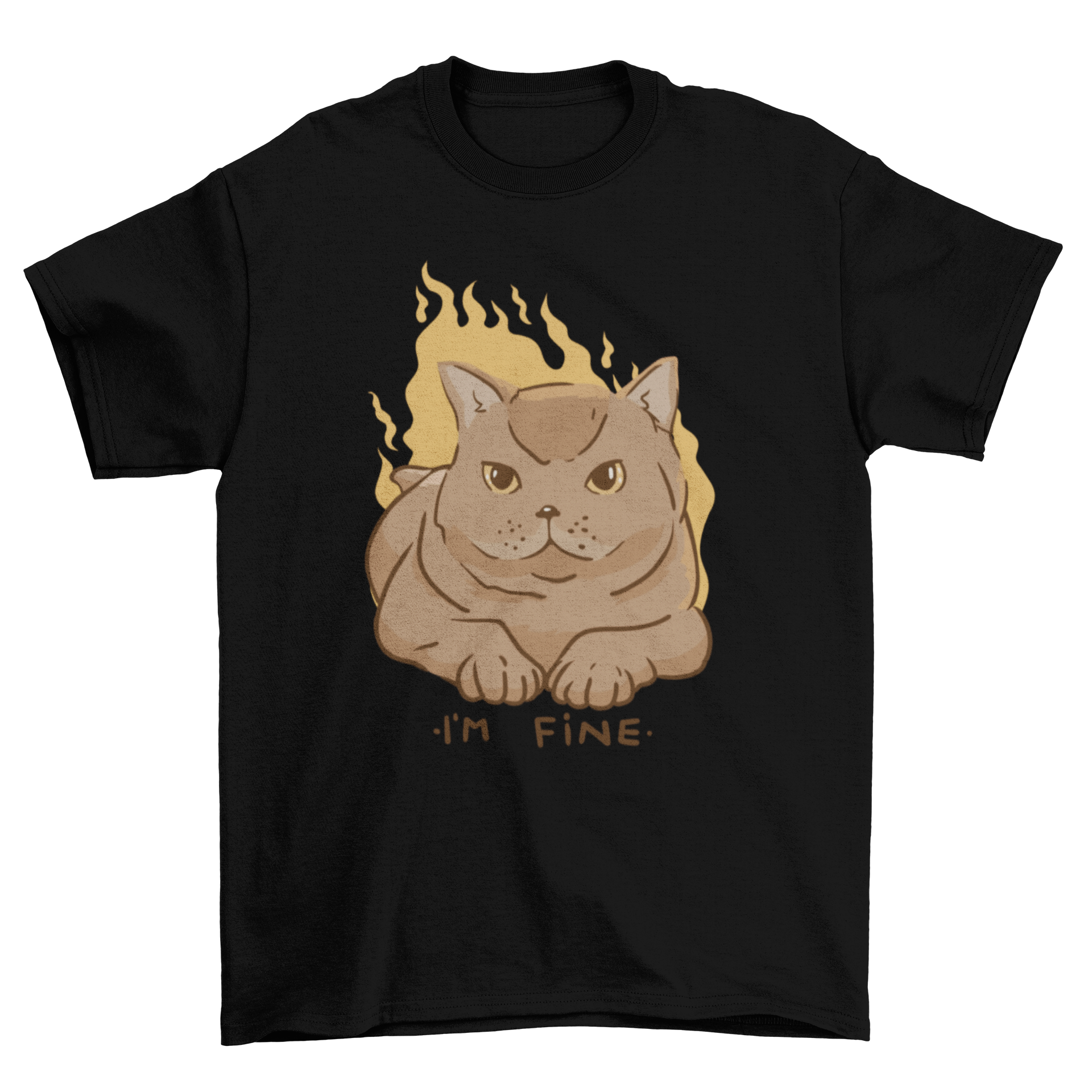 A humorous t-shirt featuring a cat on fire with the quote 'I'm fine', showcasing a unique meme design.