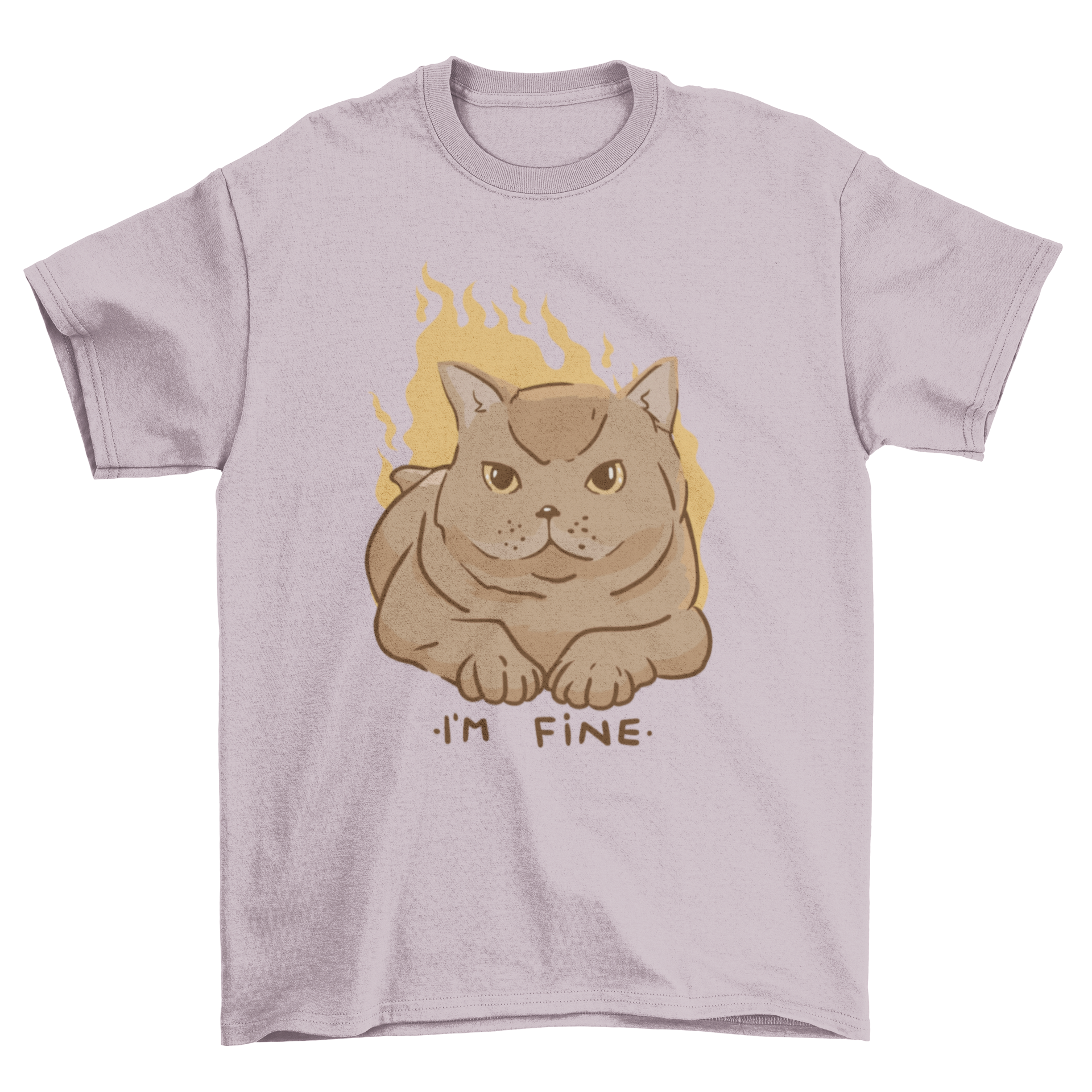 A humorous t-shirt featuring a cat on fire with the quote 'I'm fine', showcasing a unique meme design.