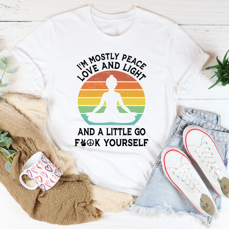 I'm Mostly Peace Love And Light T-Shirt displayed on a mannequin, showcasing its soft cotton fabric and vibrant print.