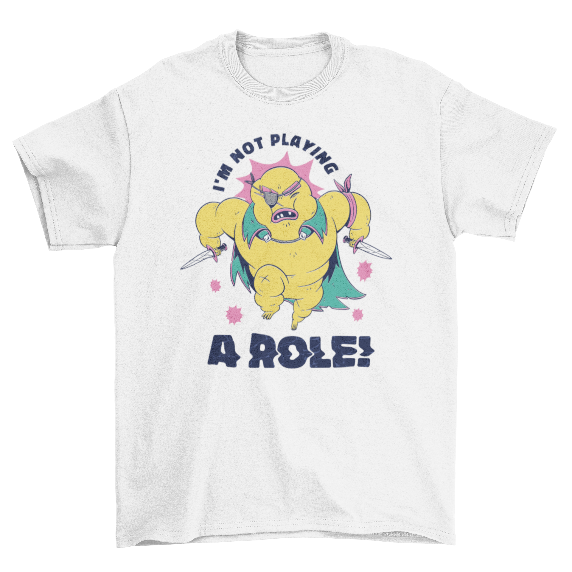 A stylish t-shirt featuring a character with knives and the quote 'I'm not playing a role', perfect for expressing individuality.