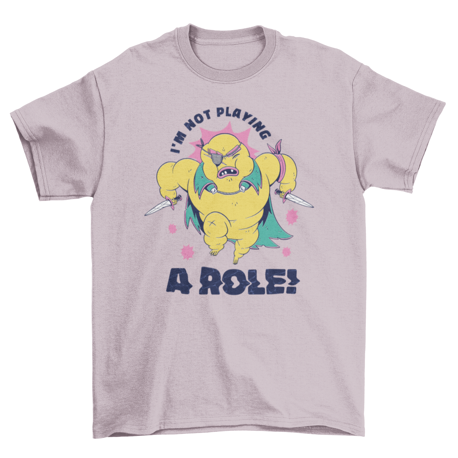 A stylish t-shirt featuring a character with knives and the quote 'I'm not playing a role', perfect for expressing individuality.