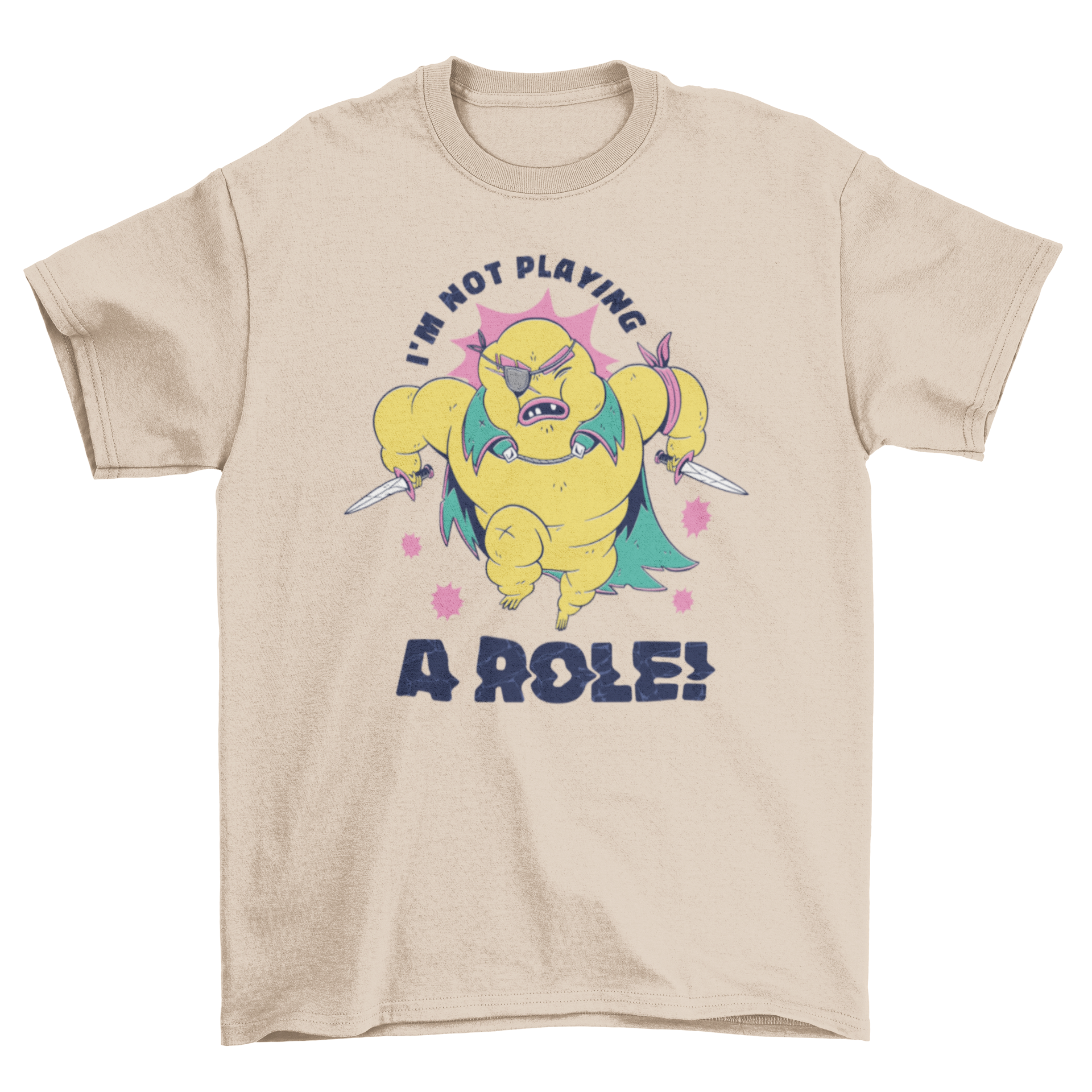 A stylish t-shirt featuring a character with knives and the quote 'I'm not playing a role', perfect for expressing individuality.