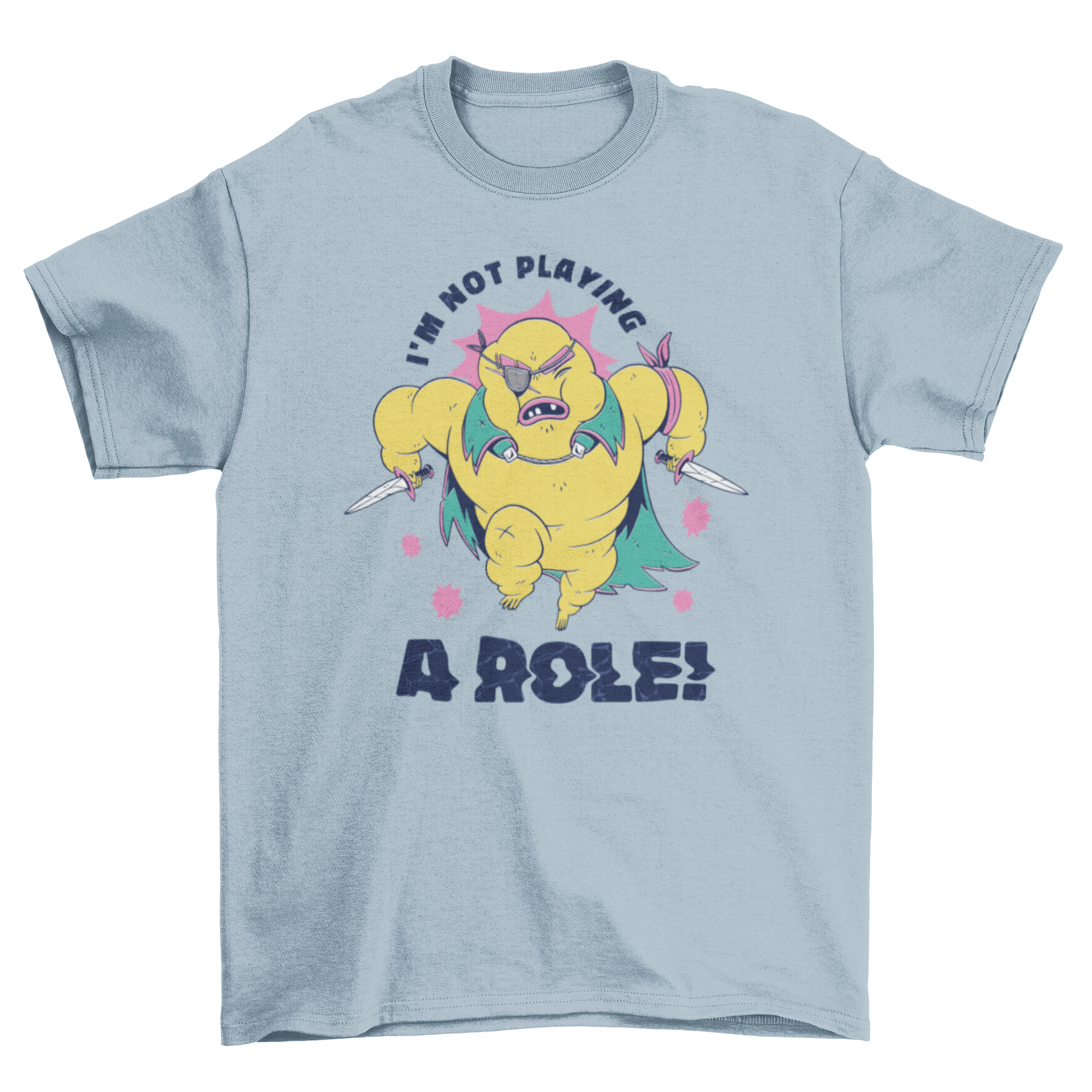 A stylish t-shirt featuring a character with knives and the quote 'I'm not playing a role', perfect for expressing individuality.