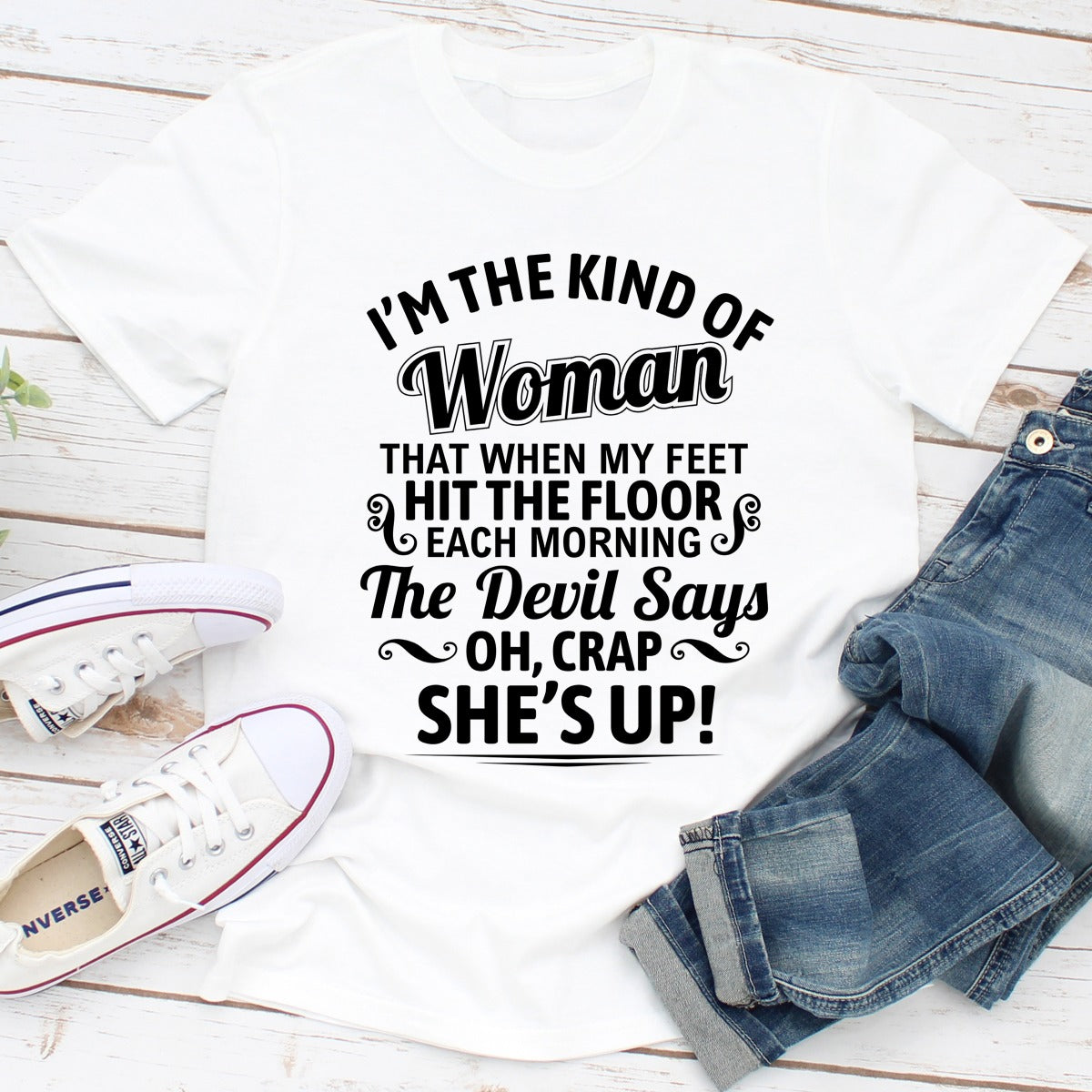 I'm The Kind Of Woman T-Shirt made from soft ring-spun cotton, featuring double stitching for durability and available in various sizes.