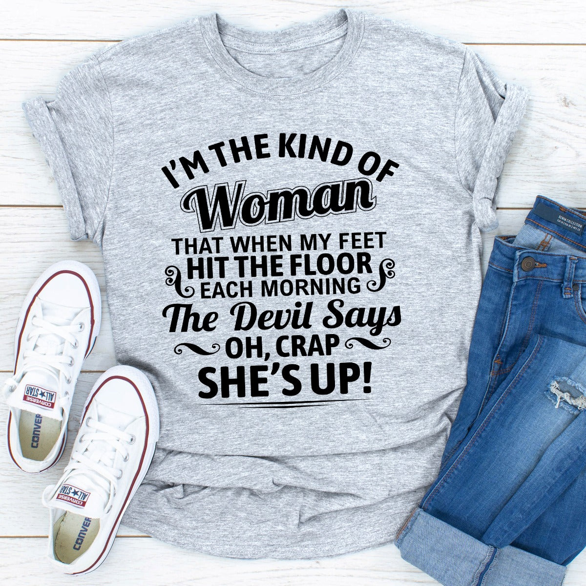 I'm The Kind Of Woman T-Shirt made from soft ring-spun cotton, featuring double stitching for durability and available in various sizes.