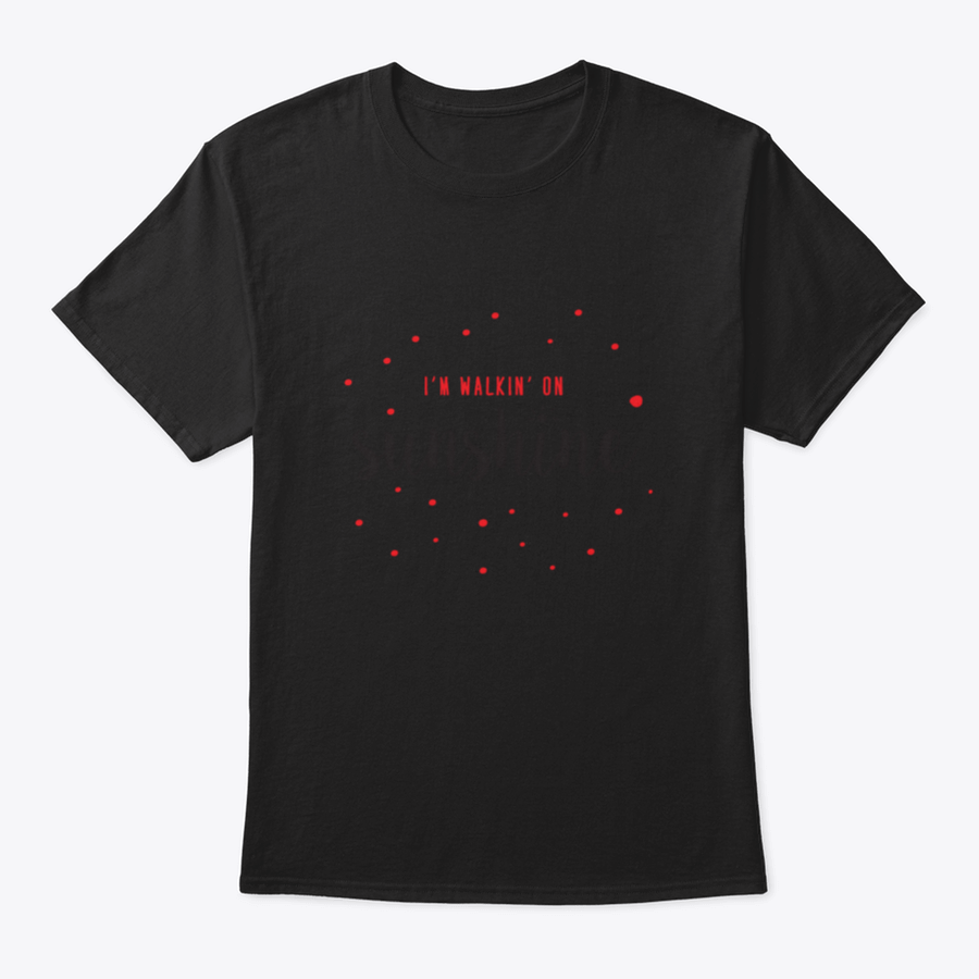 I'M Walking On Sunshine T-shirt featuring red and black typography design on a classic fit cotton fabric.