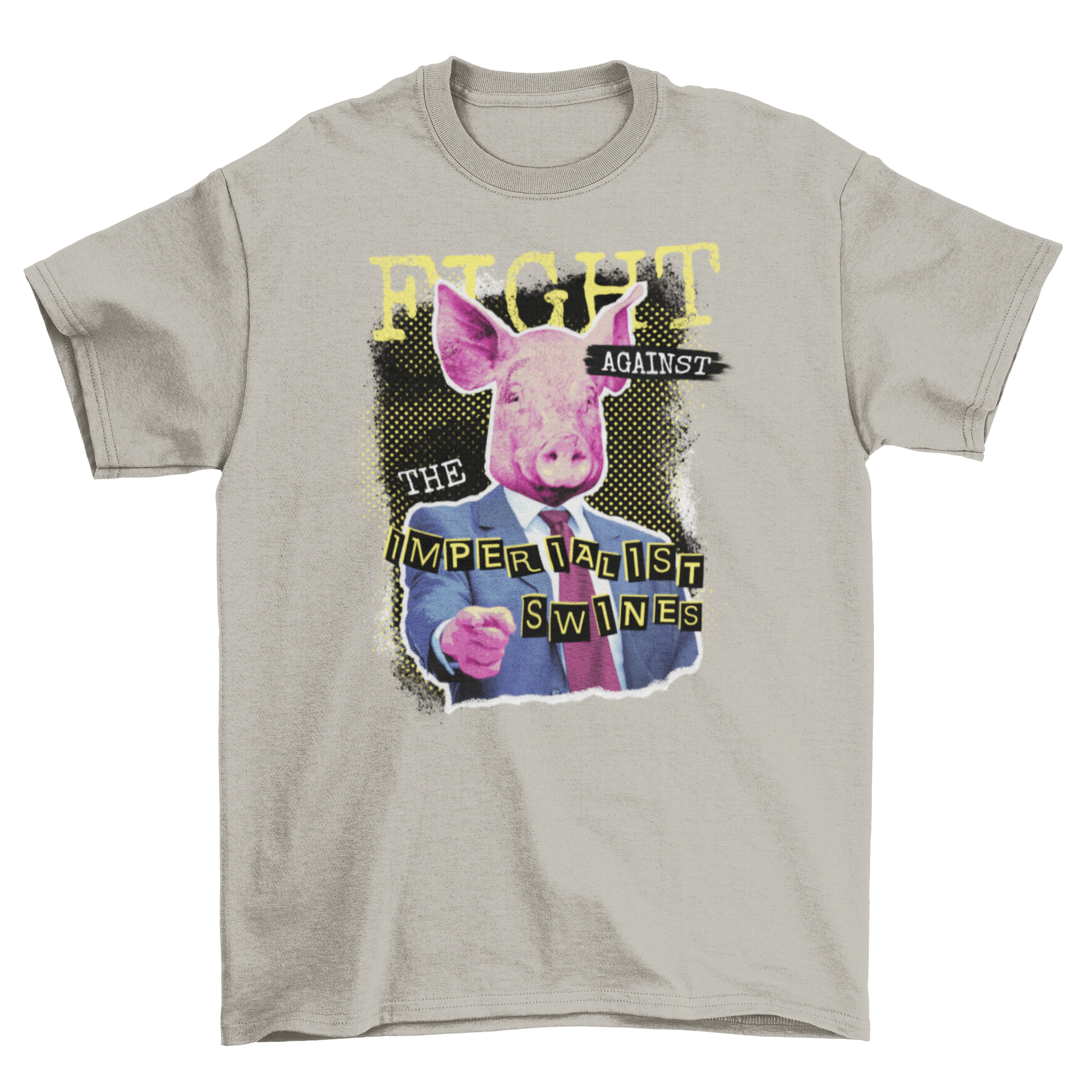 A stylish t-shirt featuring a pig in a suit with the quote 'Fight against the imperialist swines'.