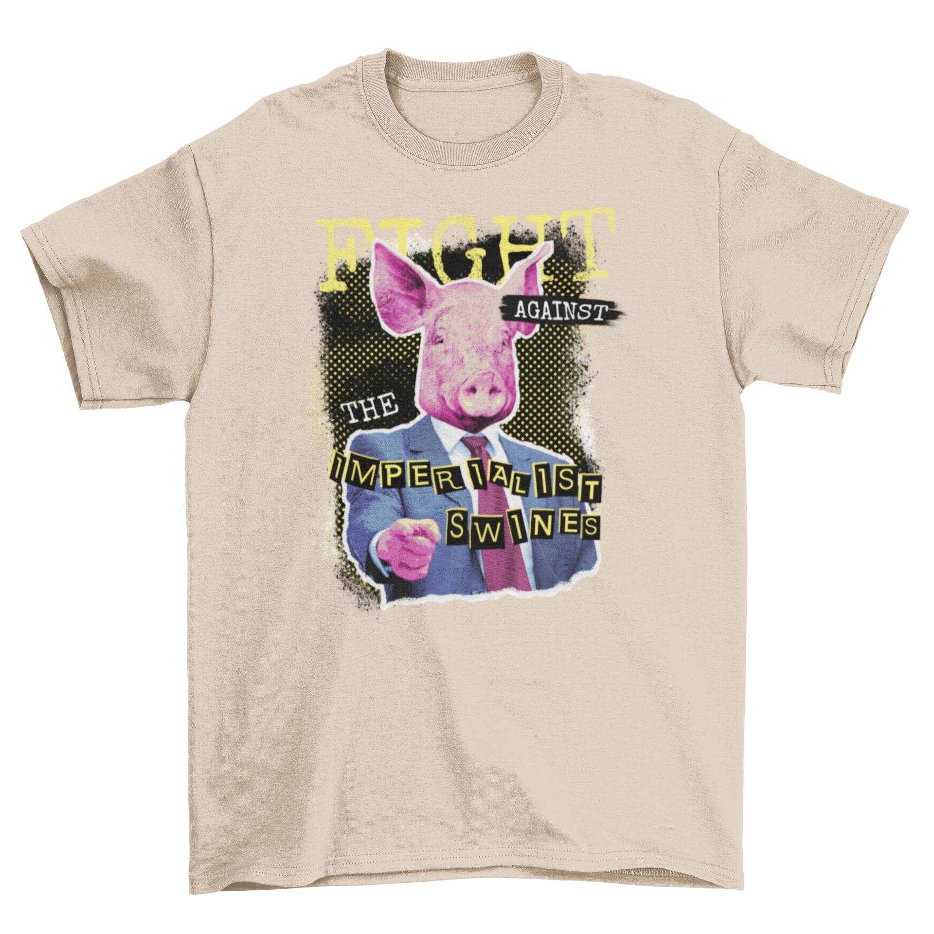 A stylish t-shirt featuring a pig in a suit with the quote 'Fight against the imperialist swines'.