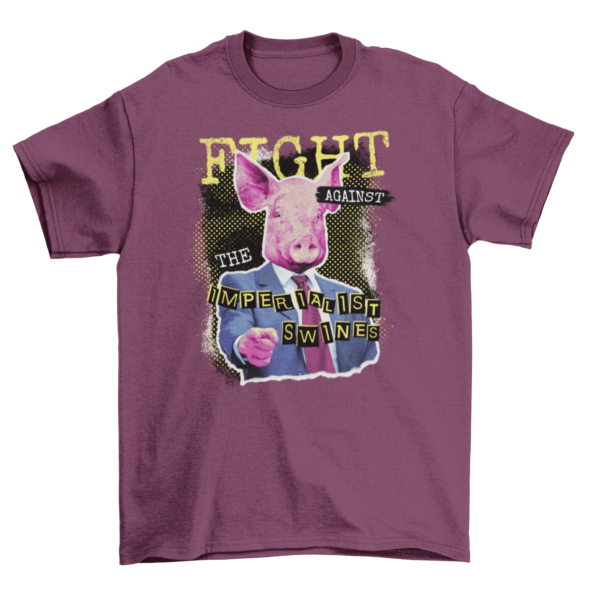 A stylish t-shirt featuring a pig in a suit with the quote 'Fight against the imperialist swines'.