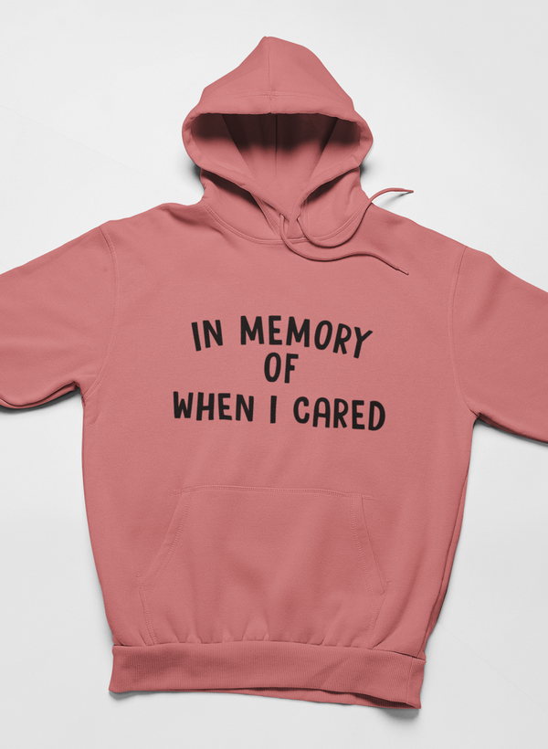 In Memory Of When I Cared Hoodie featuring a unique artistic design, adjustable hood, and cozy fleece lining.