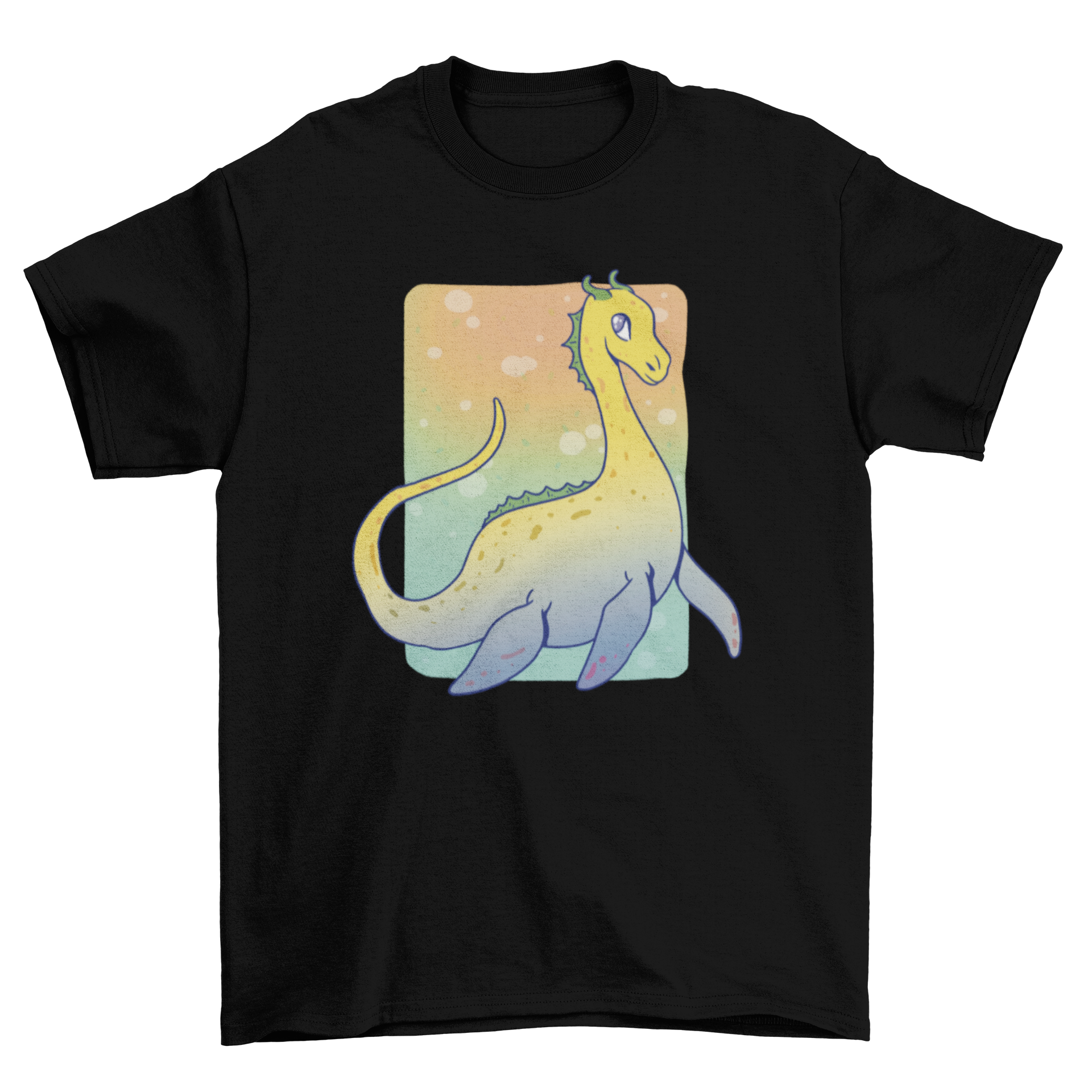 Incredible t-shirt design featuring the Loch Ness Nessie monster in a vibrant gradient style, showcasing its whimsical and mythical charm.