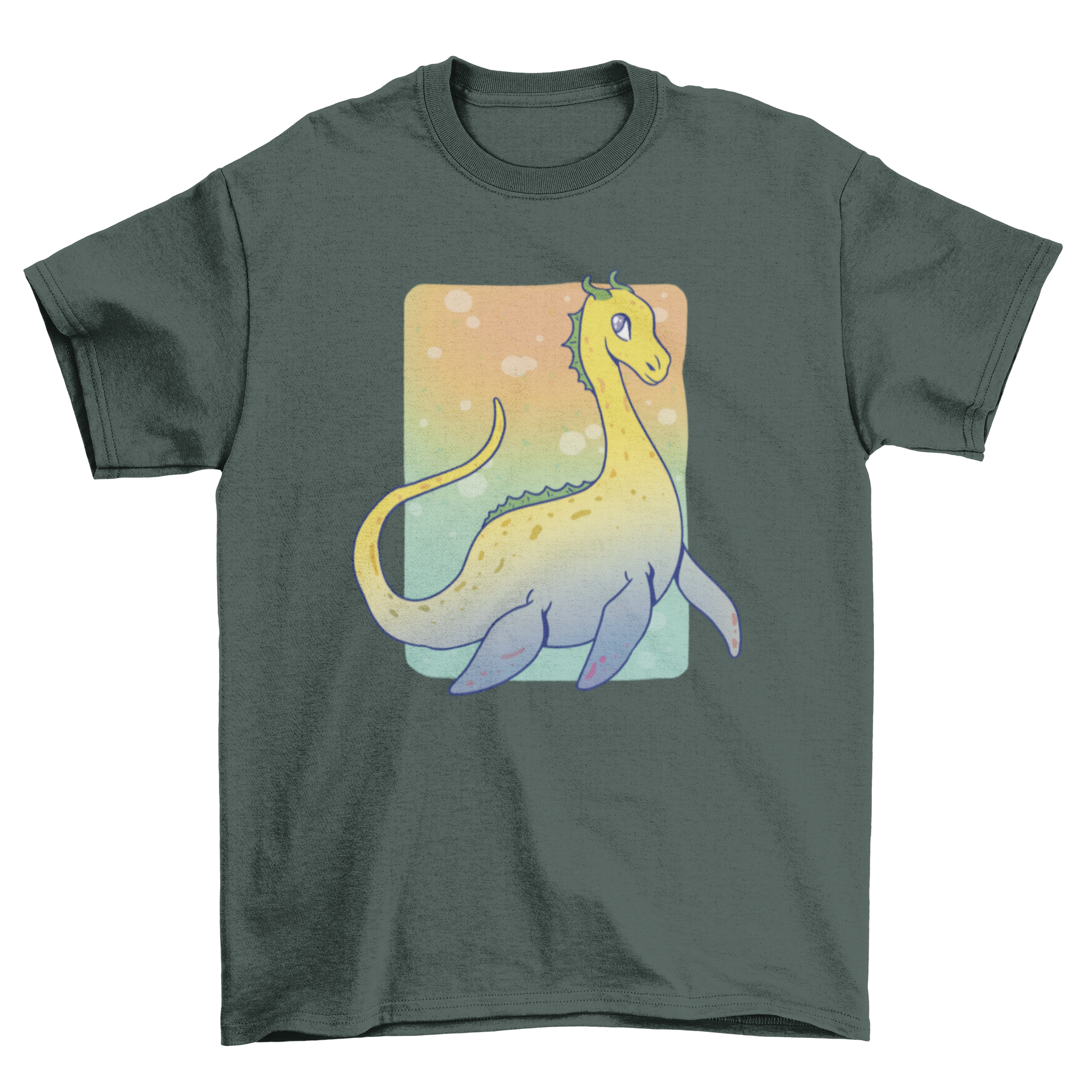 Incredible t-shirt design featuring the Loch Ness Nessie monster in a vibrant gradient style, showcasing its whimsical and mythical charm.