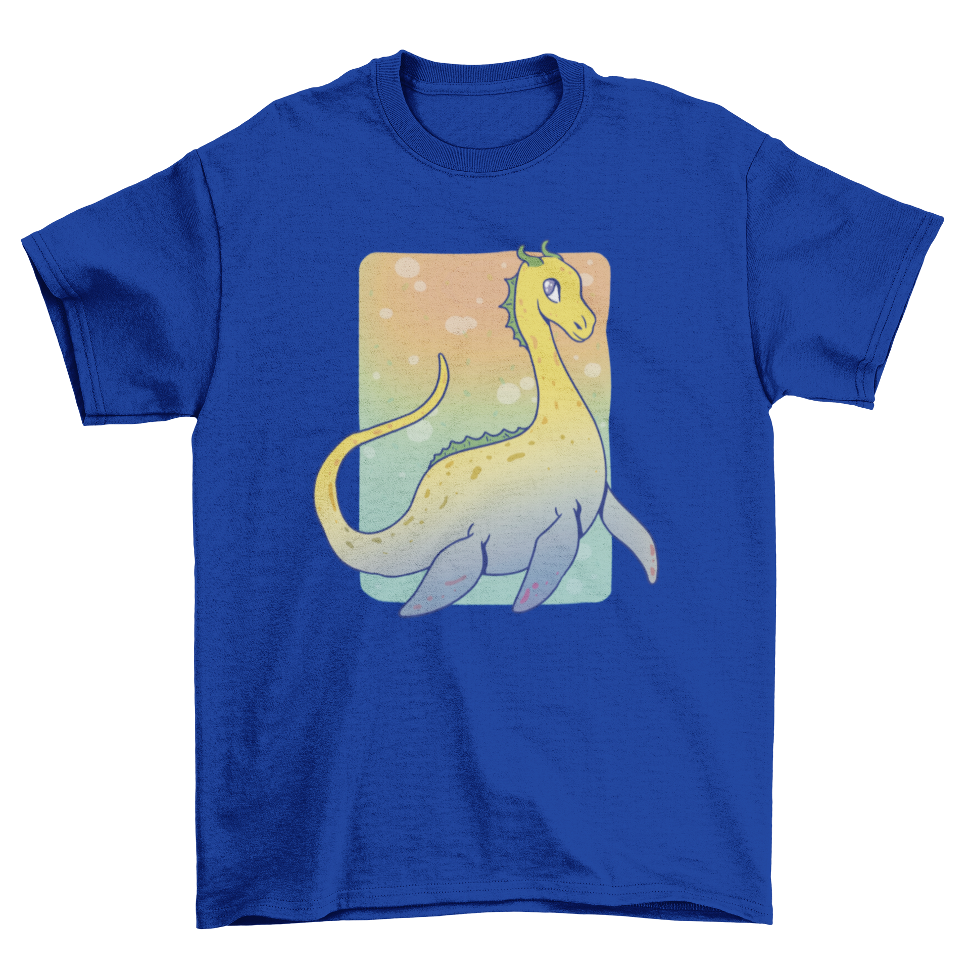 Incredible t-shirt design featuring the Loch Ness Nessie monster in a vibrant gradient style, showcasing its whimsical and mythical charm.