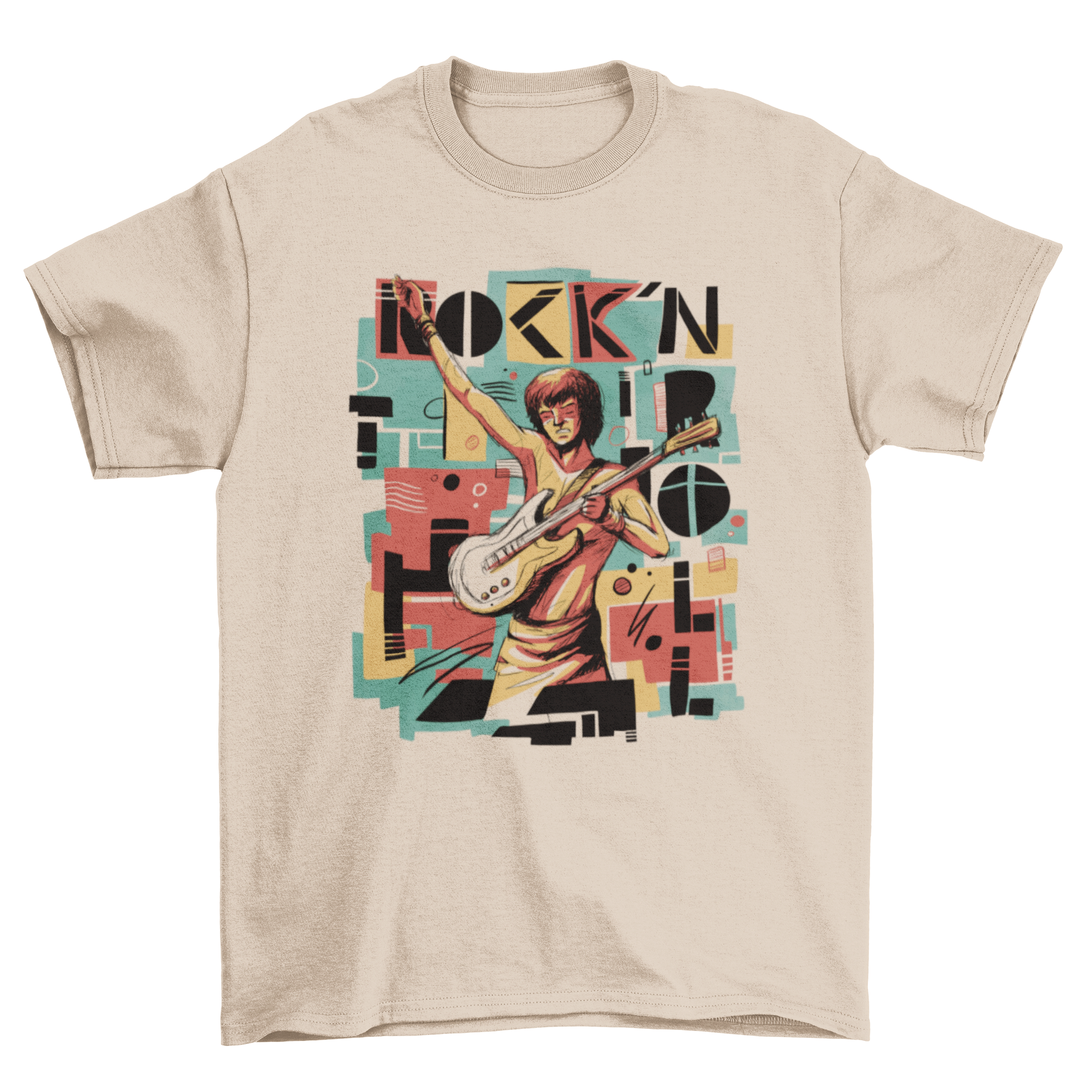 Incredible t-shirt featuring an abstract design of a rock and roll musician playing guitar.