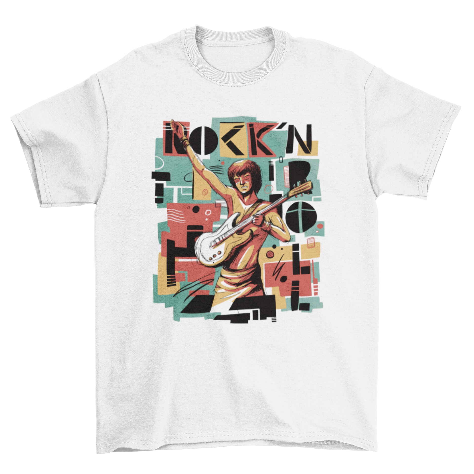 Incredible t-shirt featuring an abstract design of a rock and roll musician playing guitar.