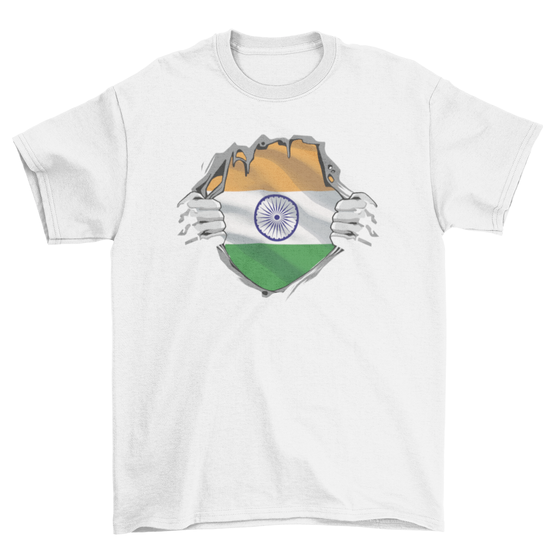 A vibrant T-shirt featuring the Indian flag bursting out from the chest, showcasing patriotism and style.