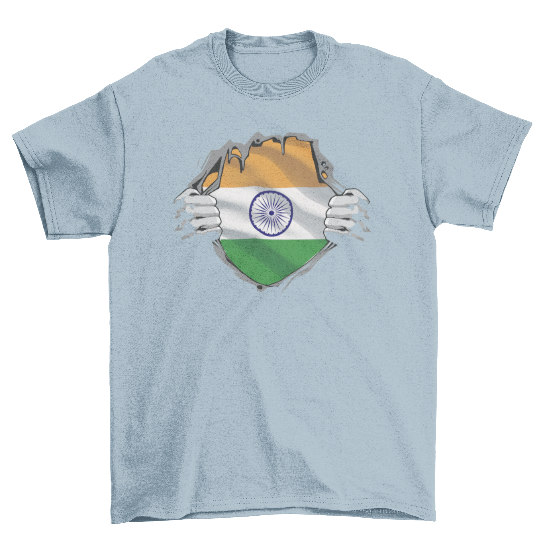 A vibrant T-shirt featuring the Indian flag bursting out from the chest, showcasing patriotism and style.