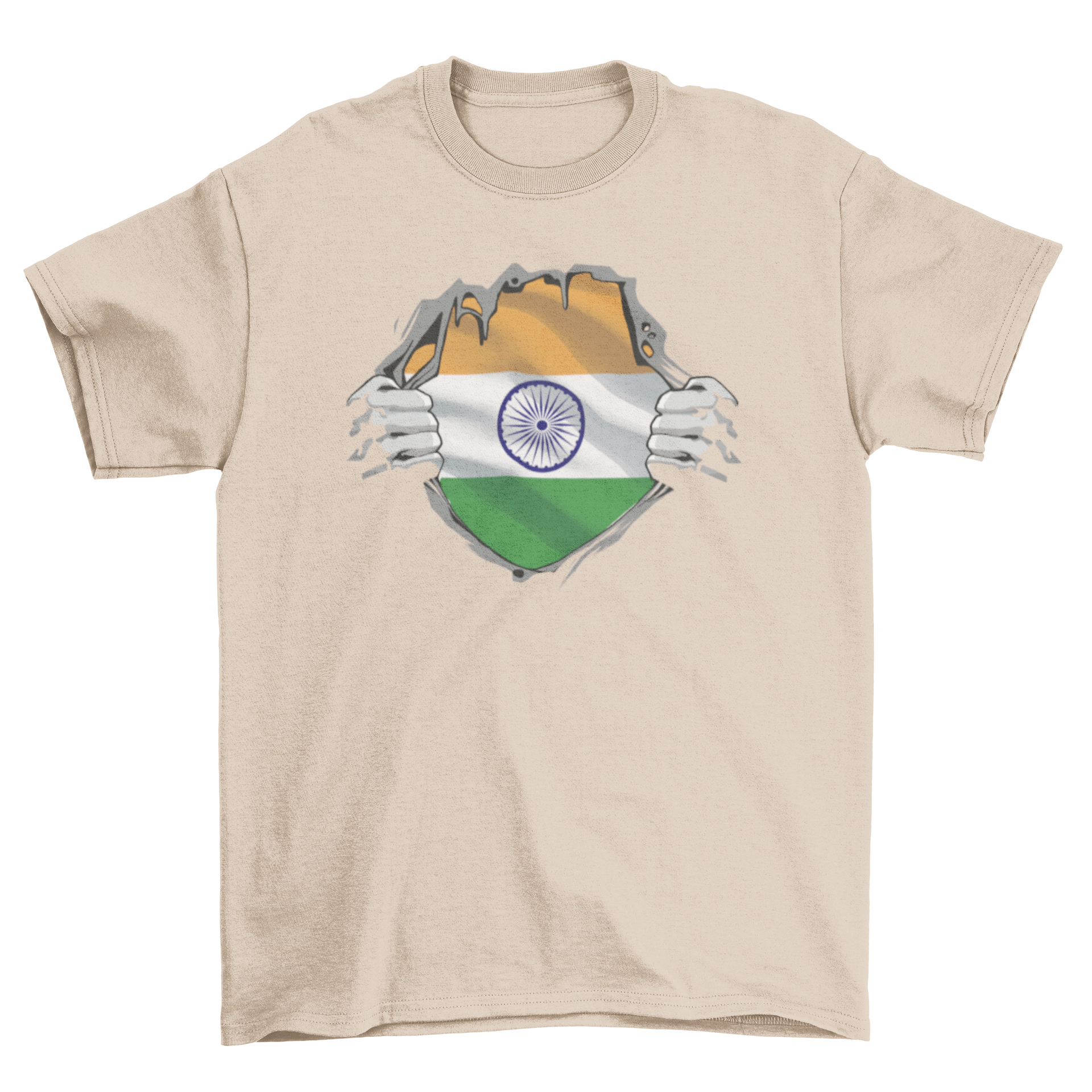 A vibrant T-shirt featuring the Indian flag bursting out from the chest, showcasing patriotism and style.