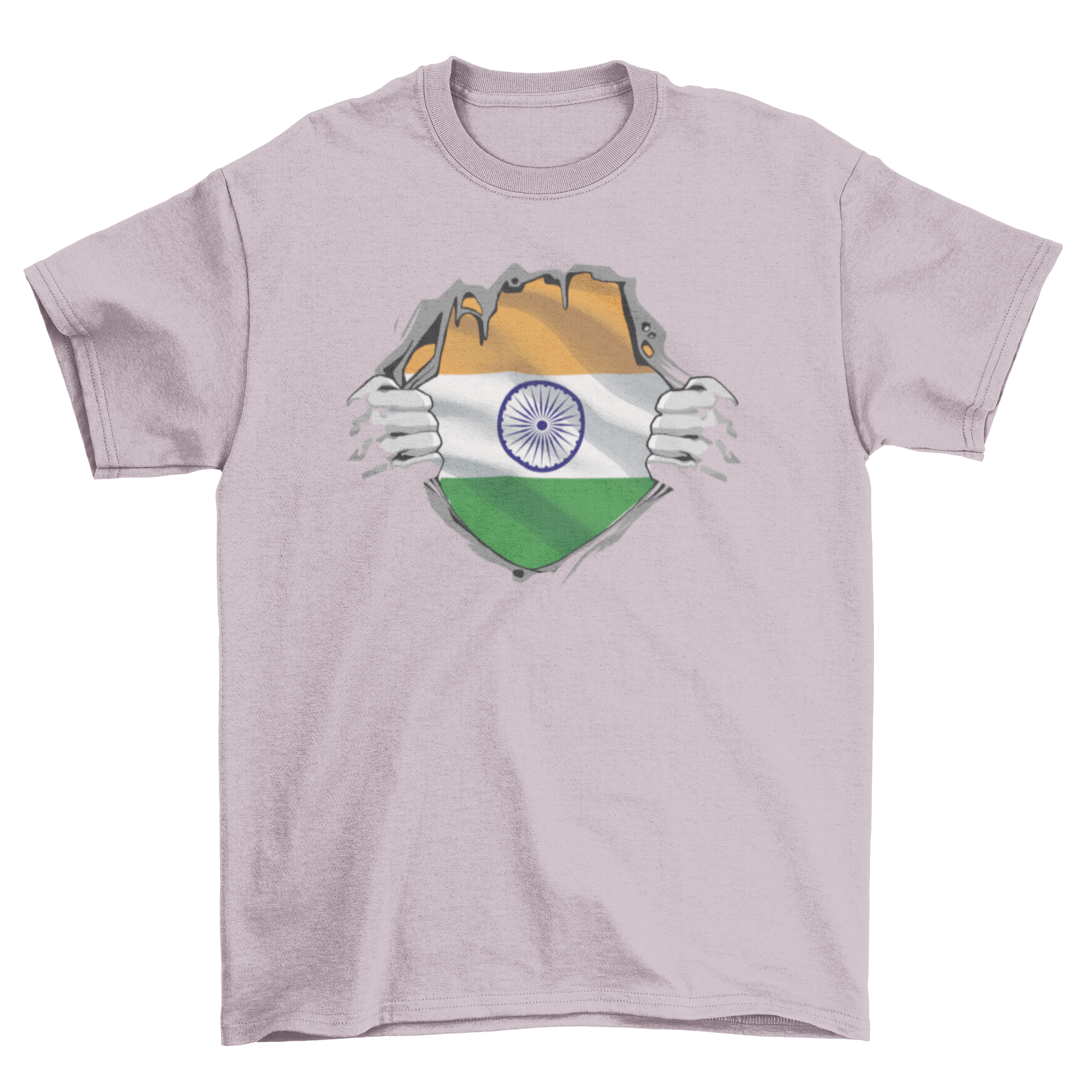 A vibrant T-shirt featuring the Indian flag bursting out from the chest, showcasing patriotism and style.