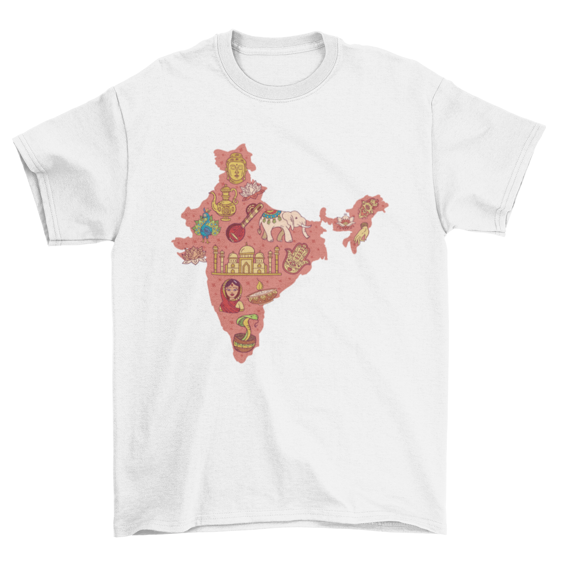 A stylish t-shirt featuring a detailed map of India with traditional Indian elements, showcasing vibrant colors and intricate designs.