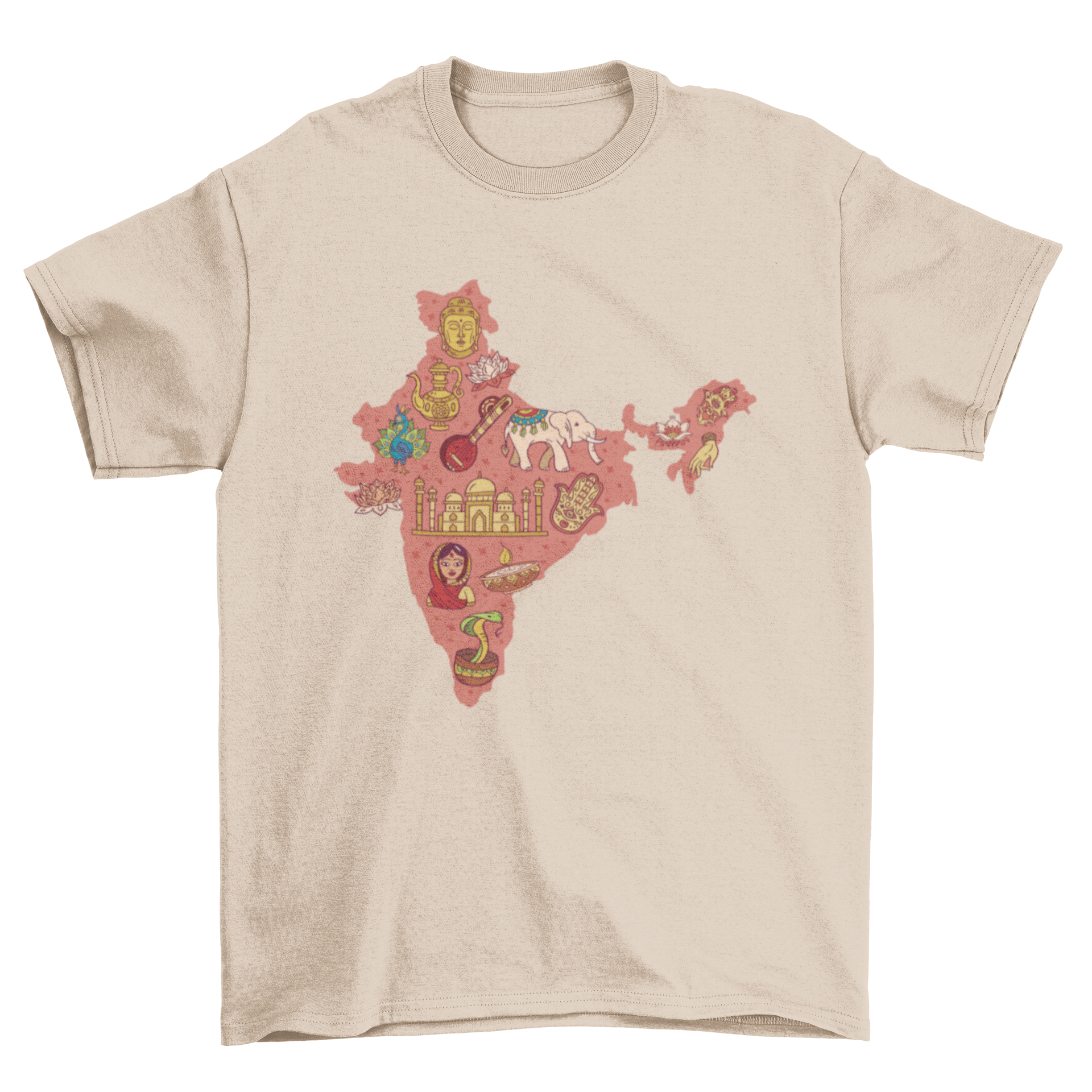 A stylish t-shirt featuring a detailed map of India with traditional Indian elements, showcasing vibrant colors and intricate designs.