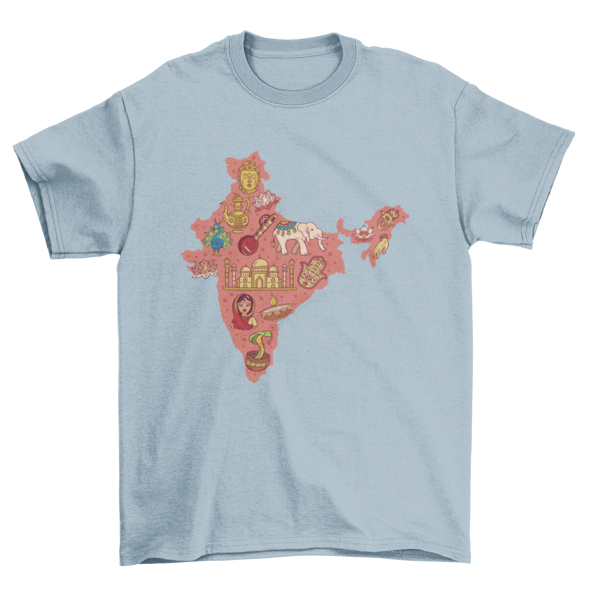 A stylish t-shirt featuring a detailed map of India with traditional Indian elements, showcasing vibrant colors and intricate designs.