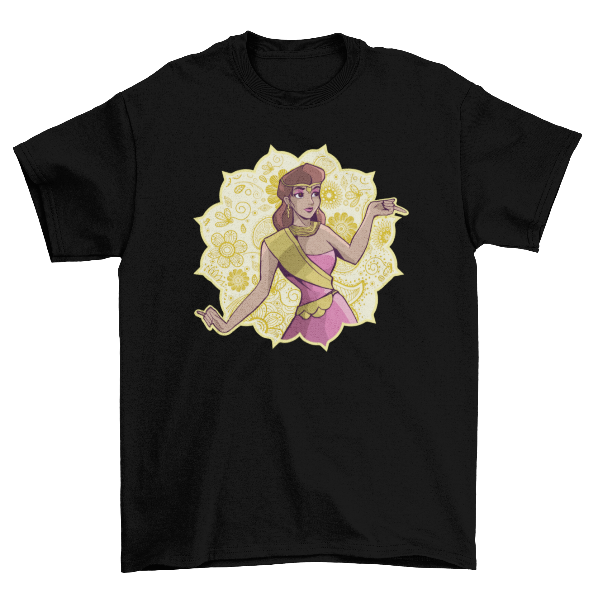 Indian Princess T-Shirt featuring a princess in traditional Indian attire with a mandala design on the back.