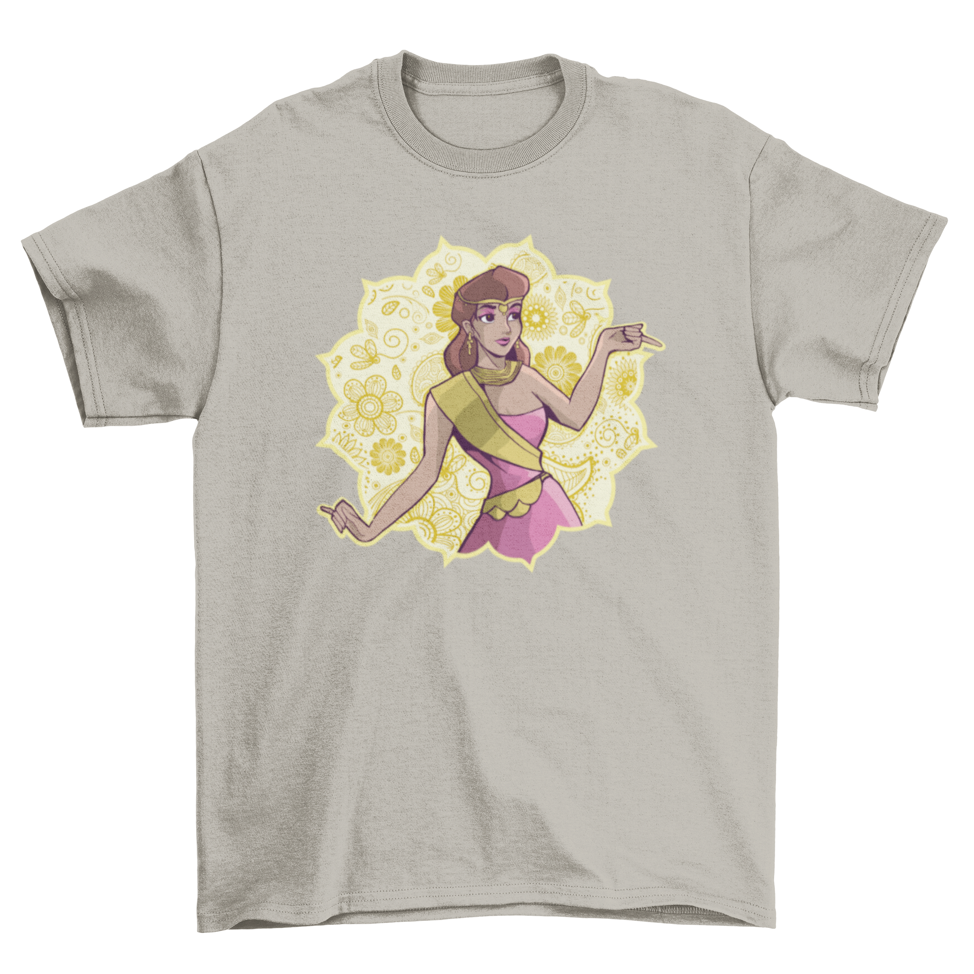 Indian Princess T-Shirt featuring a princess in traditional Indian attire with a mandala design on the back.