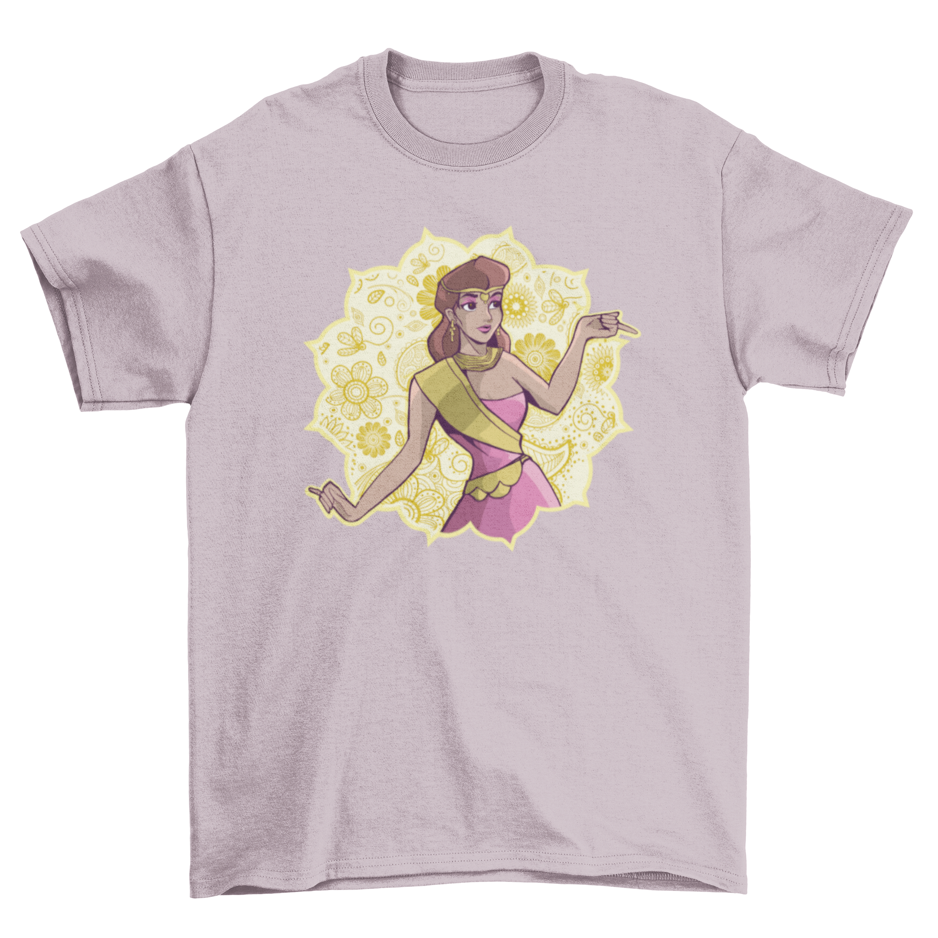 Indian Princess T-Shirt featuring a princess in traditional Indian attire with a mandala design on the back.