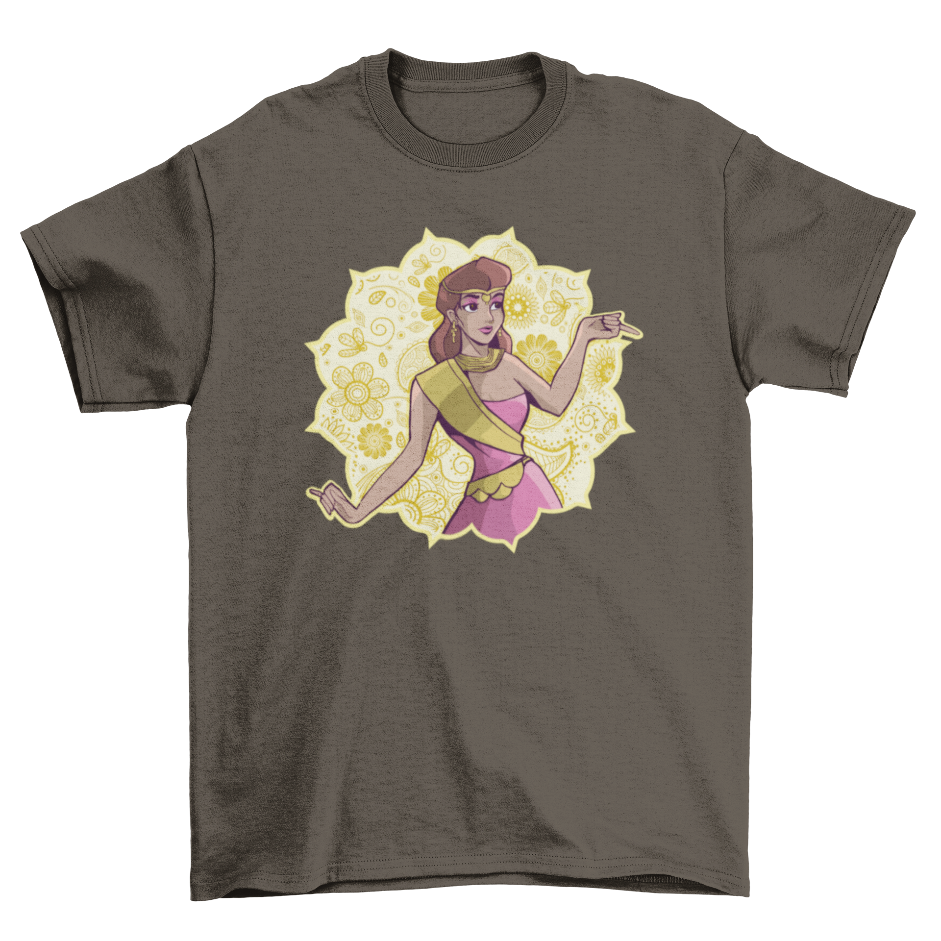 Indian Princess T-Shirt featuring a princess in traditional Indian attire with a mandala design on the back.