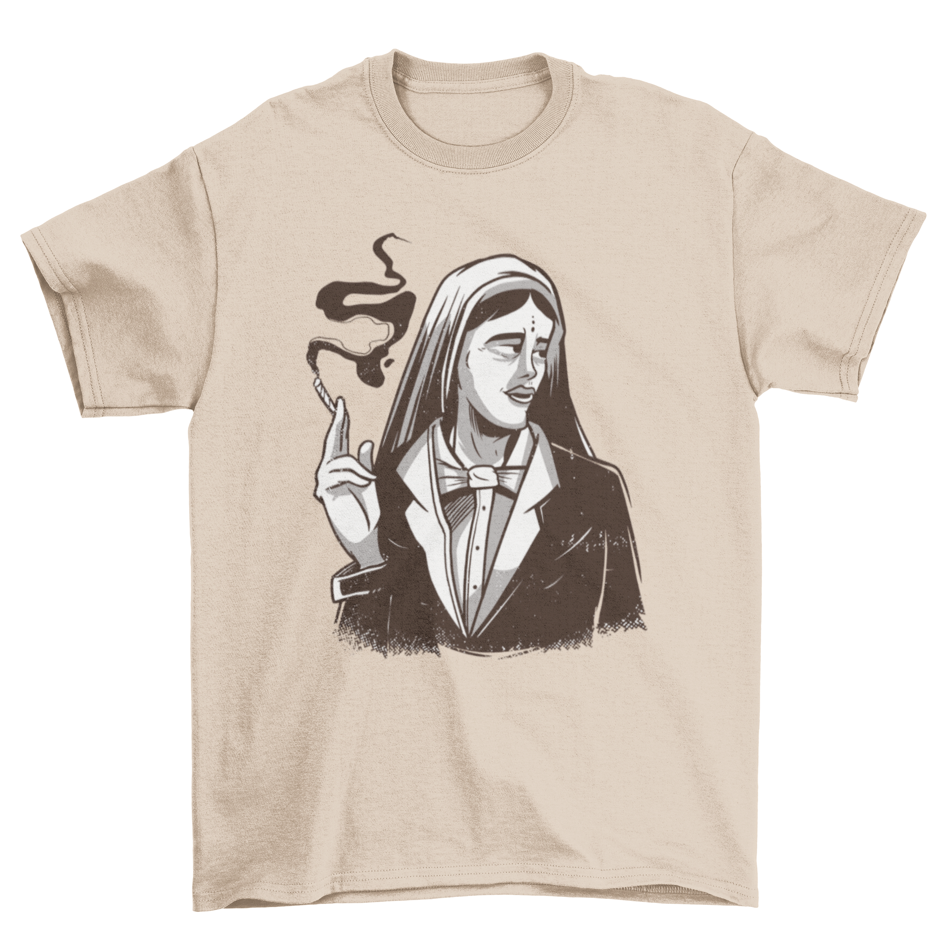 A stylish t-shirt featuring an Indian woman smoking weed, showcasing vibrant colors and intricate design.