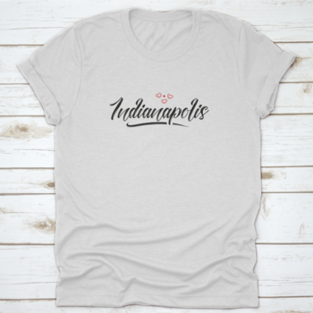 A stylish cotton t-shirt featuring a typographic design of Indianapolis with a red heart icon, showcasing love for the city.