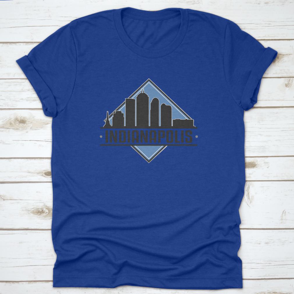 A stylish vector design featuring the Indianapolis Indiana skyline, showcasing iconic buildings and a landscape adventure theme.