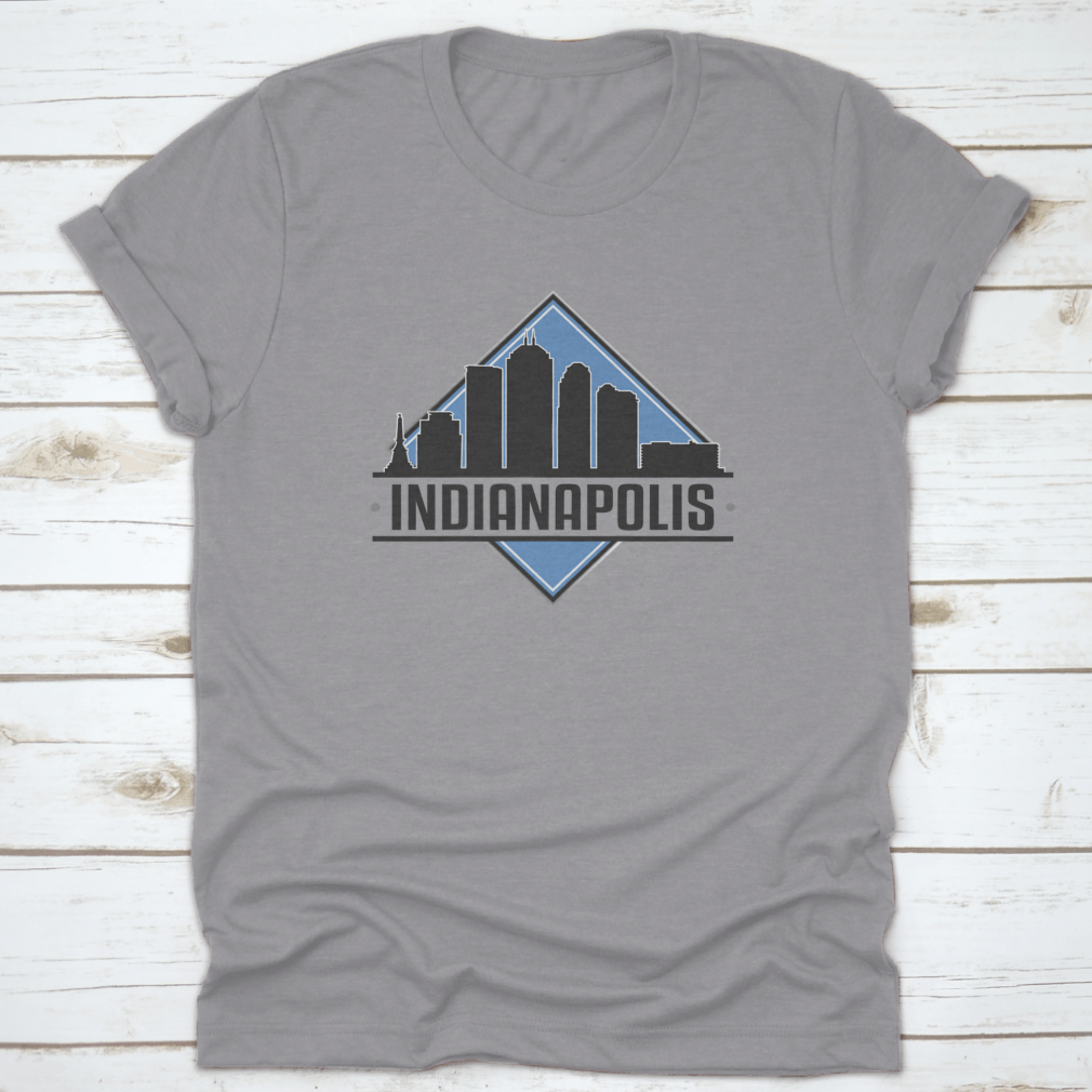 A stylish vector design featuring the Indianapolis Indiana skyline, showcasing iconic buildings and a landscape adventure theme.