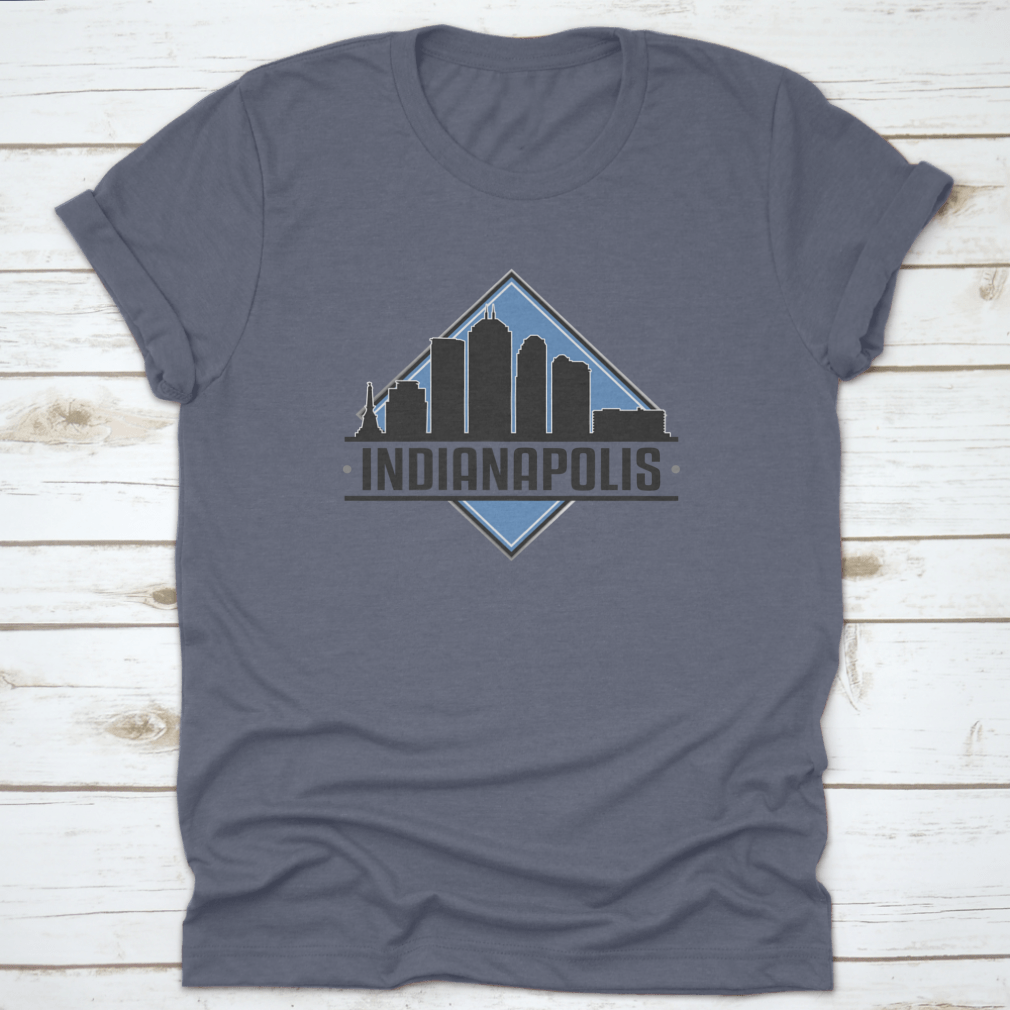 A stylish vector design featuring the Indianapolis Indiana skyline, showcasing iconic buildings and a landscape adventure theme.