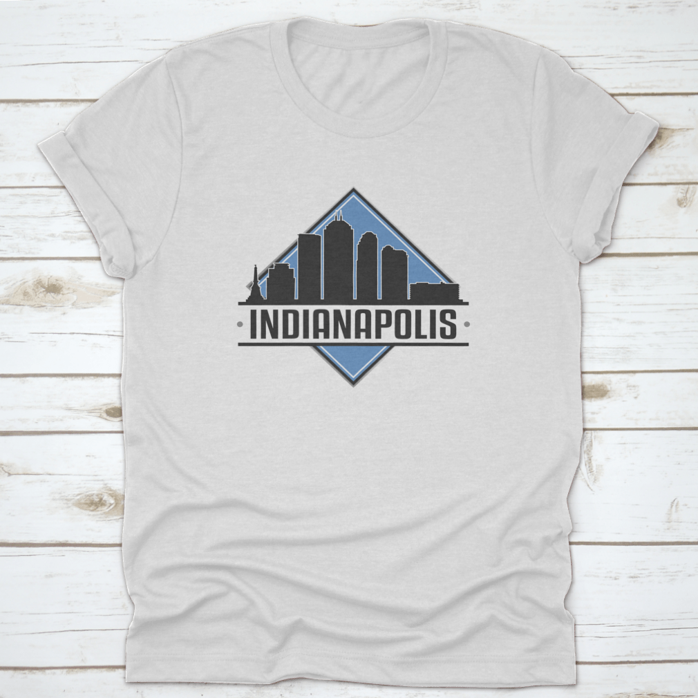 A stylish vector design featuring the Indianapolis Indiana skyline, showcasing iconic buildings and a landscape adventure theme.