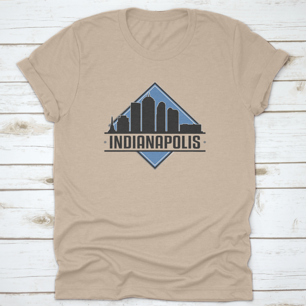 A stylish vector design featuring the Indianapolis Indiana skyline, showcasing iconic buildings and a landscape adventure theme.