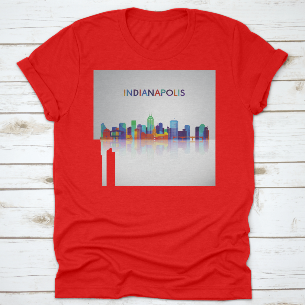 Colorful geometric silhouette of the Indianapolis skyline on a cotton shirt, showcasing vibrant colors and modern design.