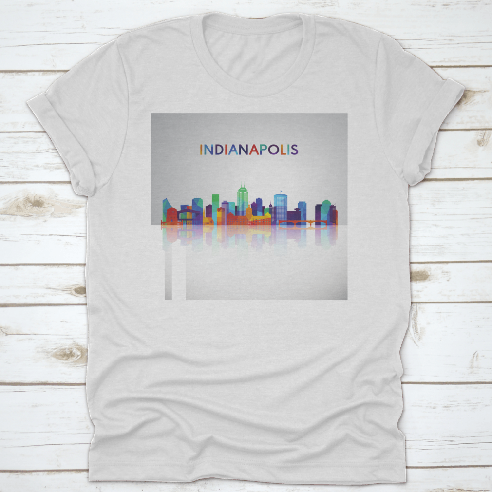 Colorful geometric silhouette of the Indianapolis skyline on a cotton shirt, showcasing vibrant colors and modern design.