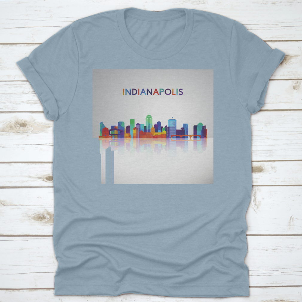 Colorful geometric silhouette of the Indianapolis skyline on a cotton shirt, showcasing vibrant colors and modern design.