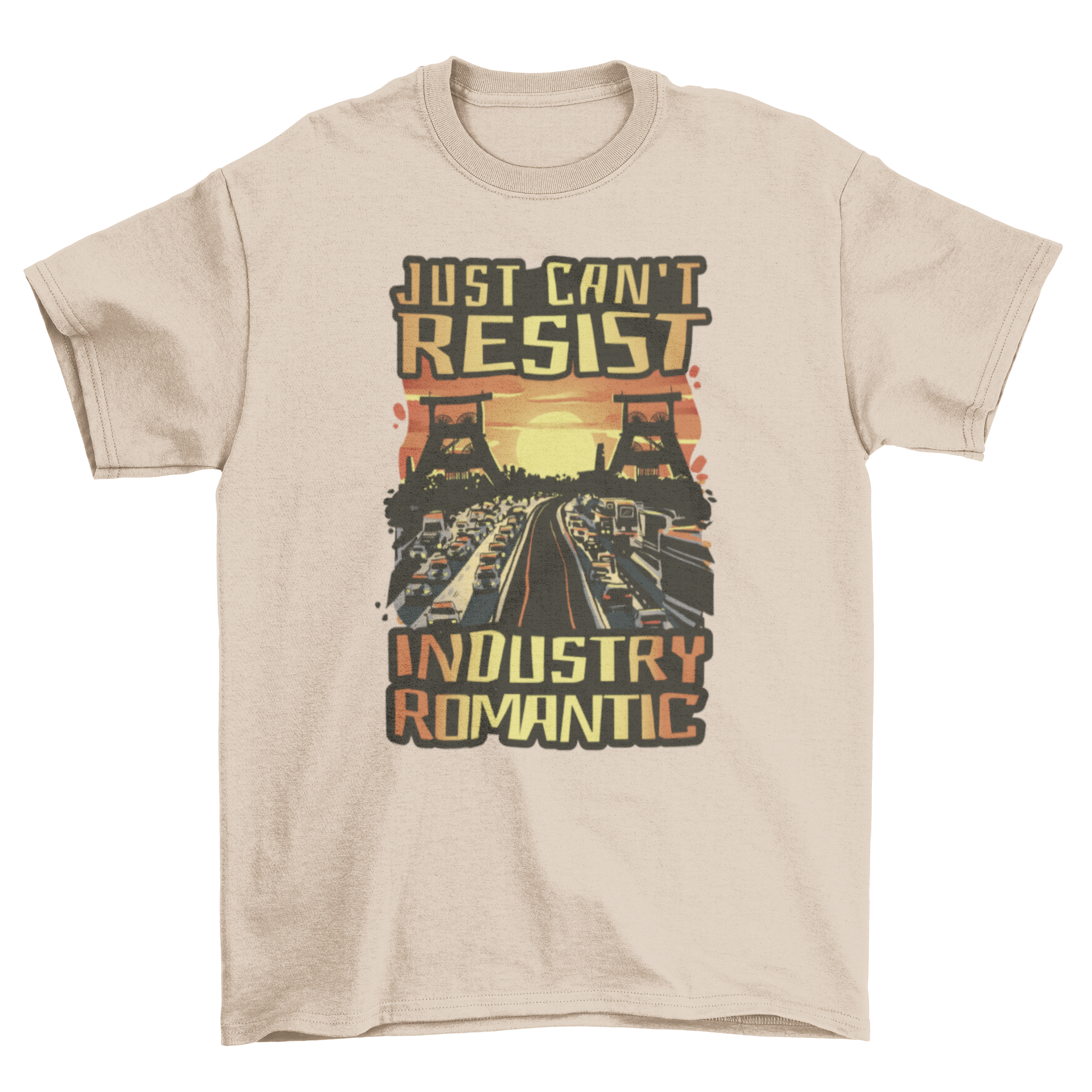 A stylish t-shirt featuring the quote 'Just can't resist industry romantic' in a modern font, perfect for casual wear.