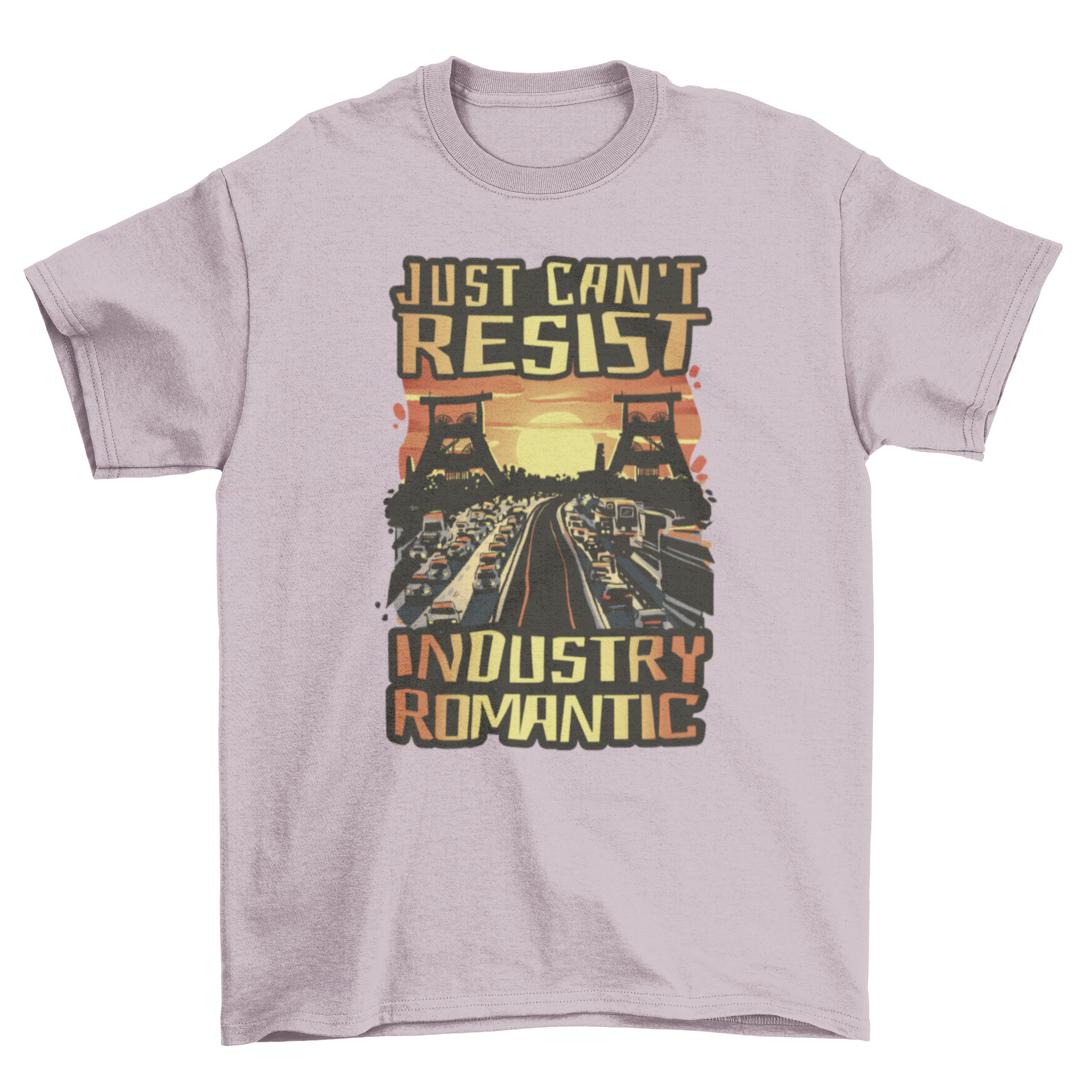 A stylish t-shirt featuring the quote 'Just can't resist industry romantic' in a modern font, perfect for casual wear.