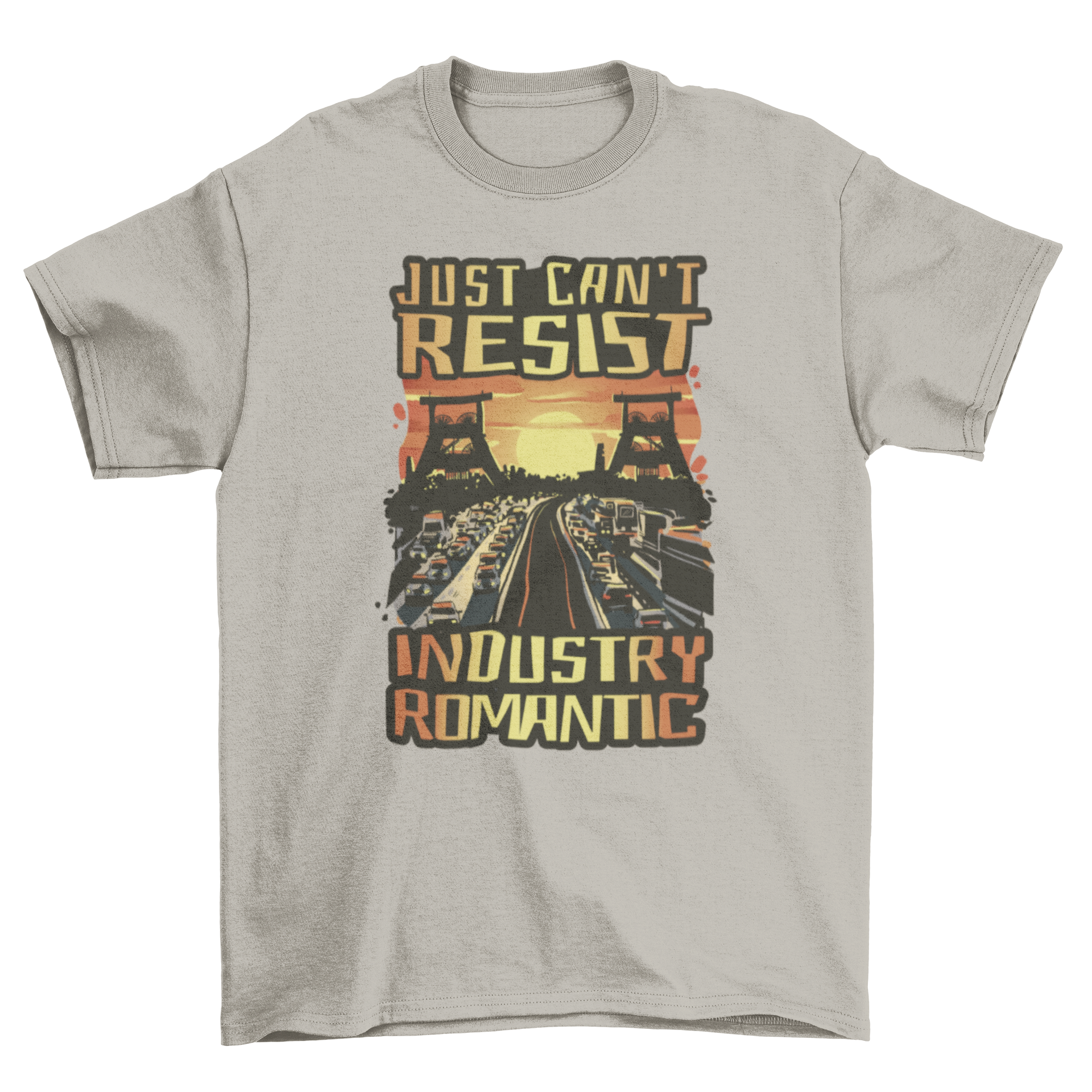 A stylish t-shirt featuring the quote 'Just can't resist industry romantic' in a modern font, perfect for casual wear.