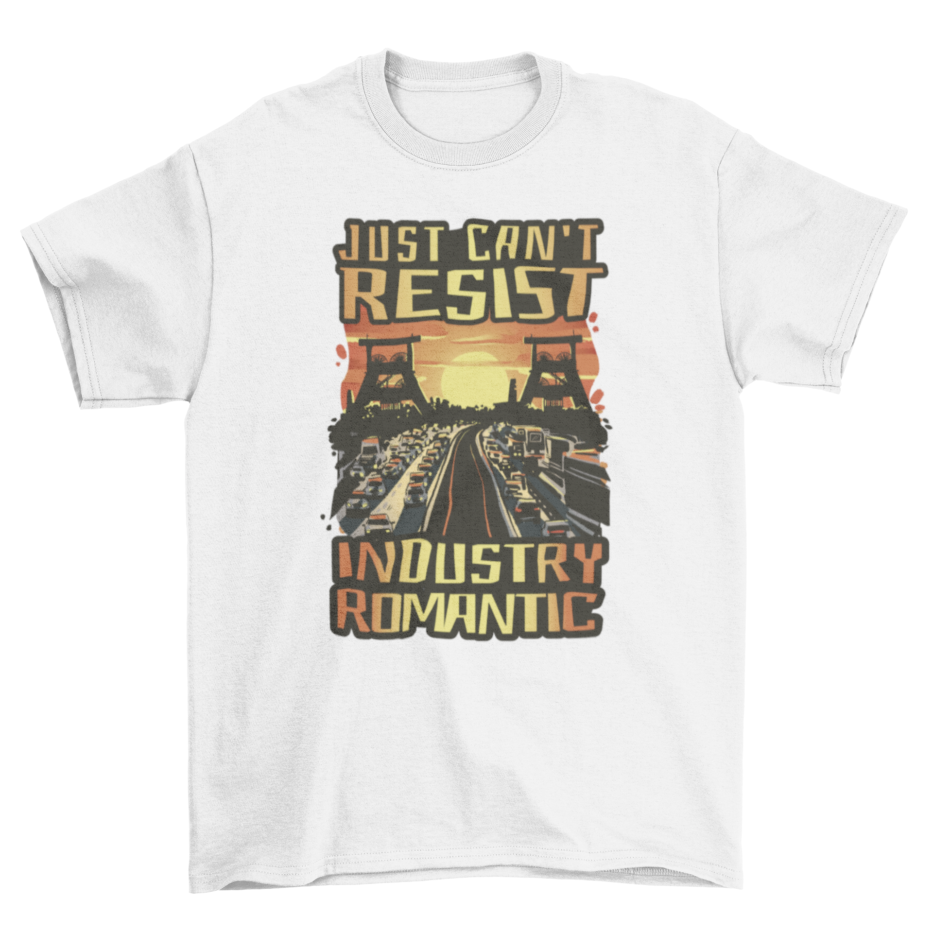 A stylish t-shirt featuring the quote 'Just can't resist industry romantic' in a modern font, perfect for casual wear.