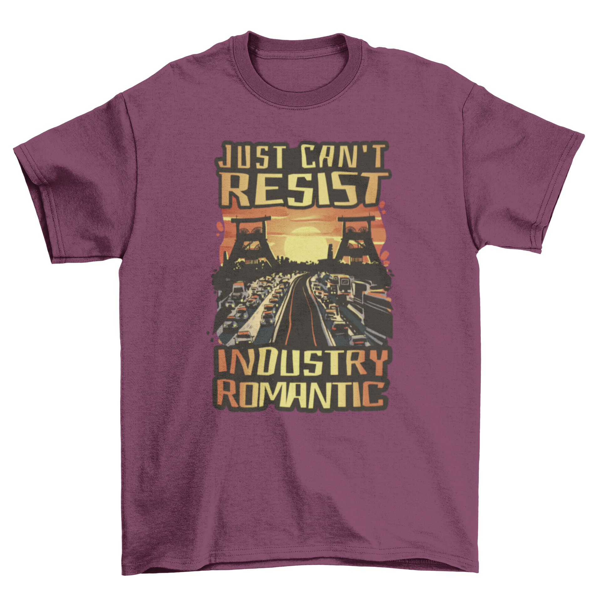 A stylish t-shirt featuring the quote 'Just can't resist industry romantic' in a modern font, perfect for casual wear.