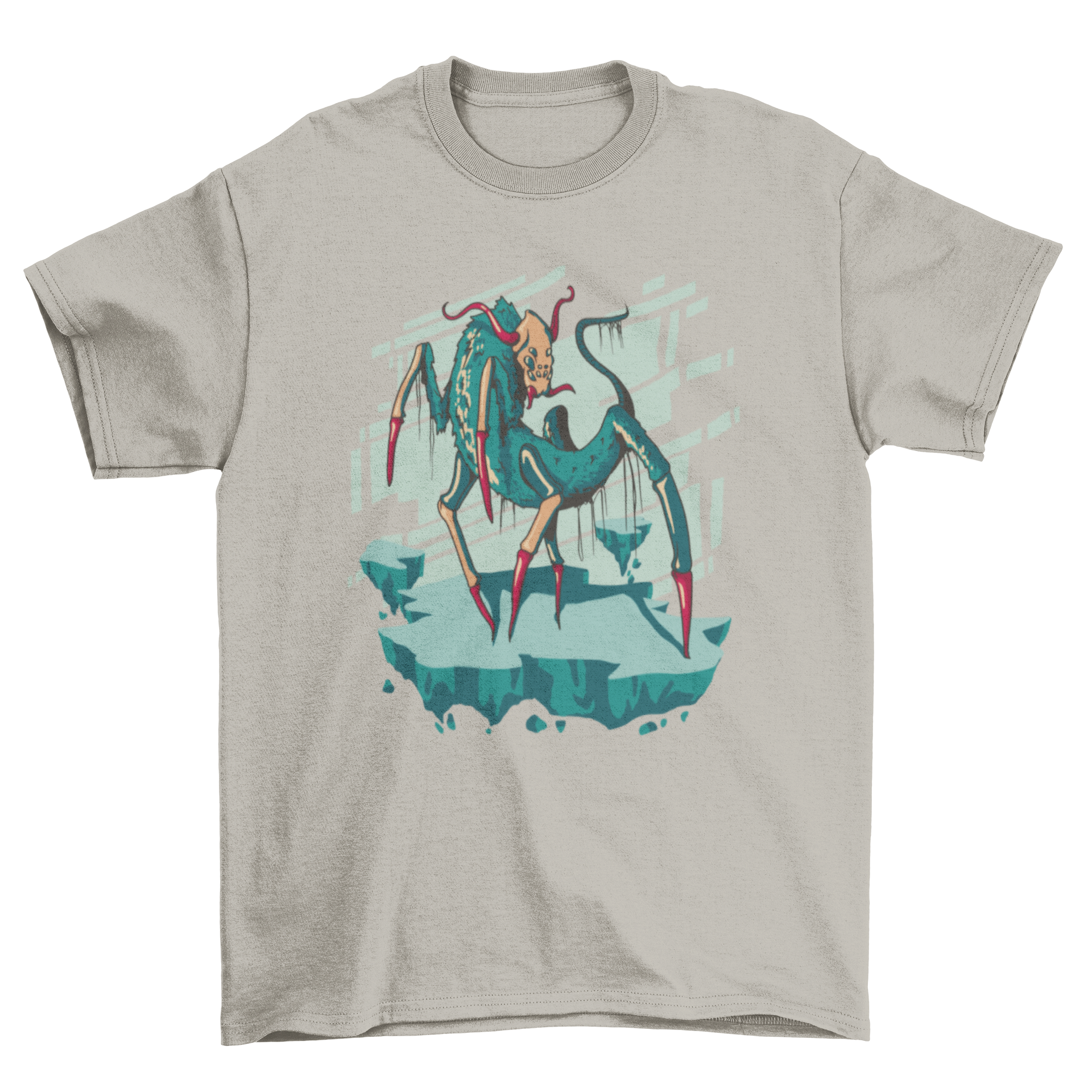 Creepy t-shirt design featuring a nightmare monster shaped like a bug with horns and spider legs, showcasing intricate details.