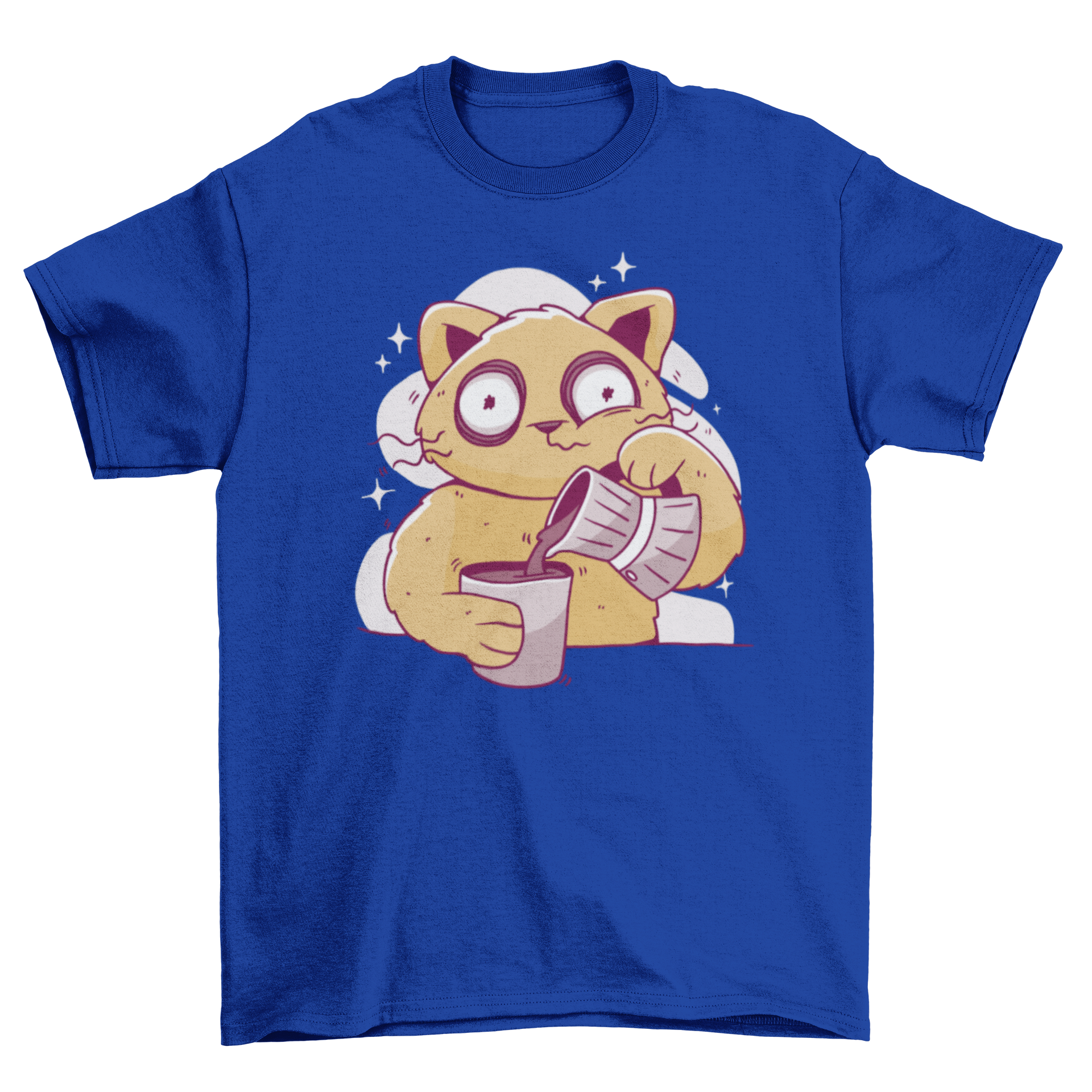 A playful t-shirt featuring a sleep-deprived cat drinking coffee, showcasing a fun and quirky design.