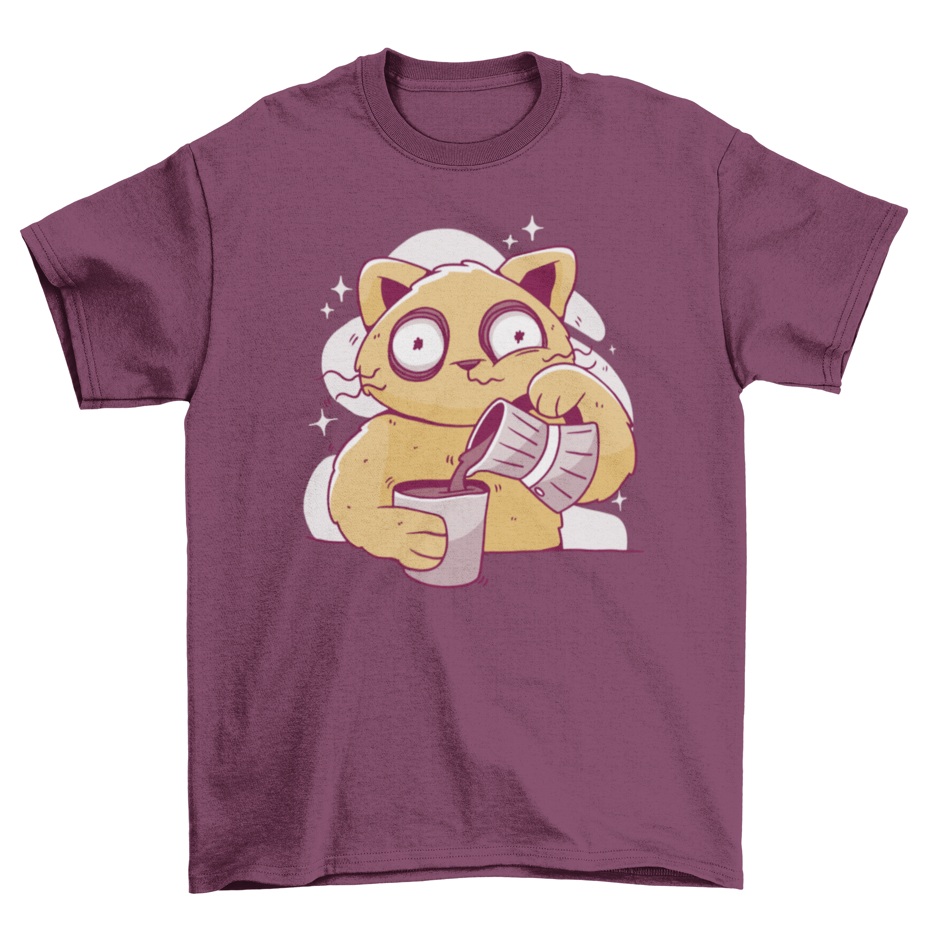 A playful t-shirt featuring a sleep-deprived cat drinking coffee, showcasing a fun and quirky design.