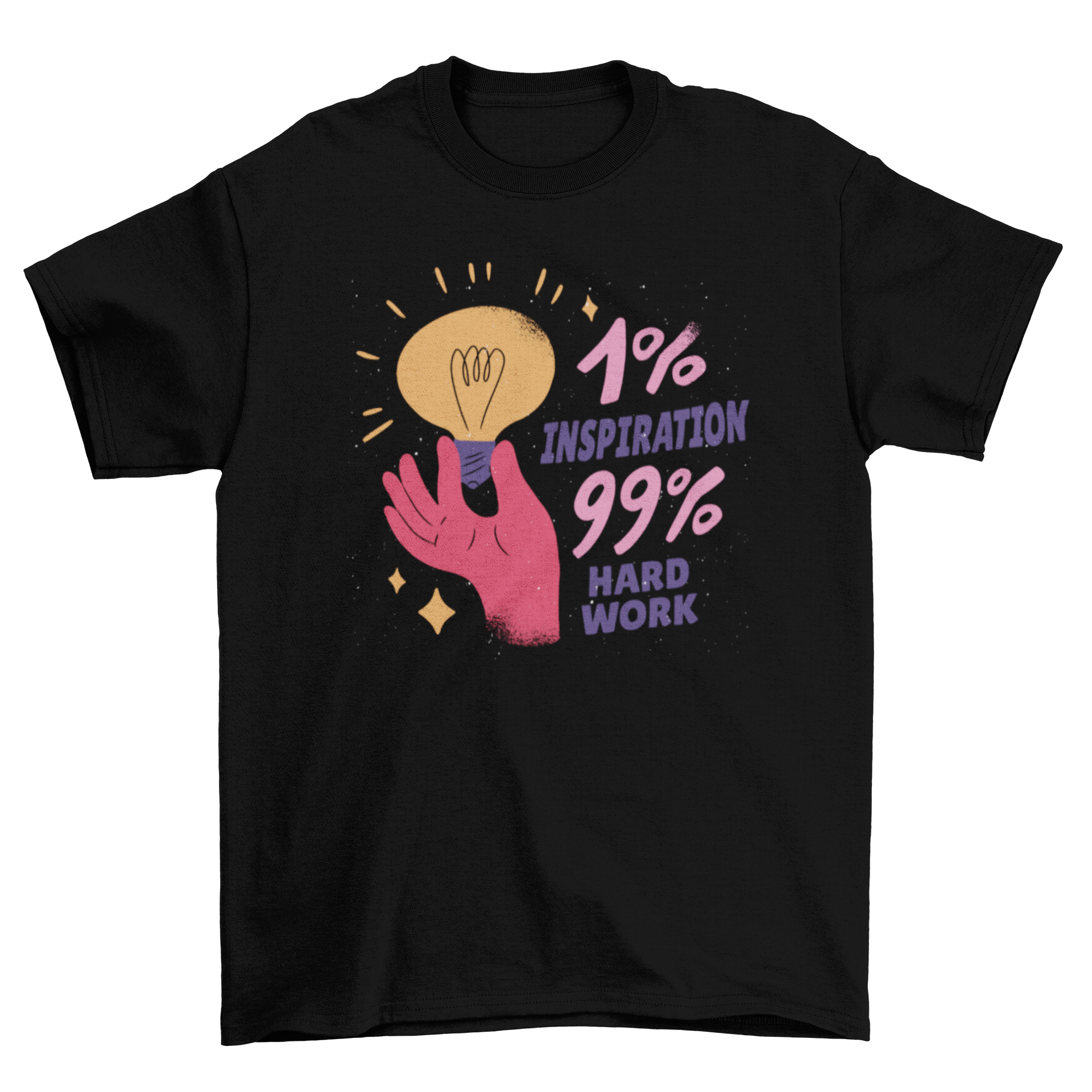 A stylish t-shirt featuring a hand holding a lightbulb with the quote '1% inspiration, 99% hard work' in a motivational design.